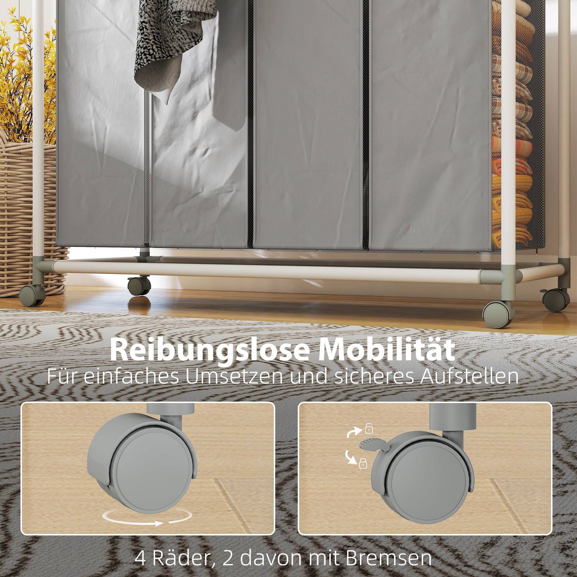Wäschekorb mit 4 Fächer 160 L Wäschesammler mit Rädern, herausnehmbarer Wäschesack, 97 x 38 x 81 cm, Grau