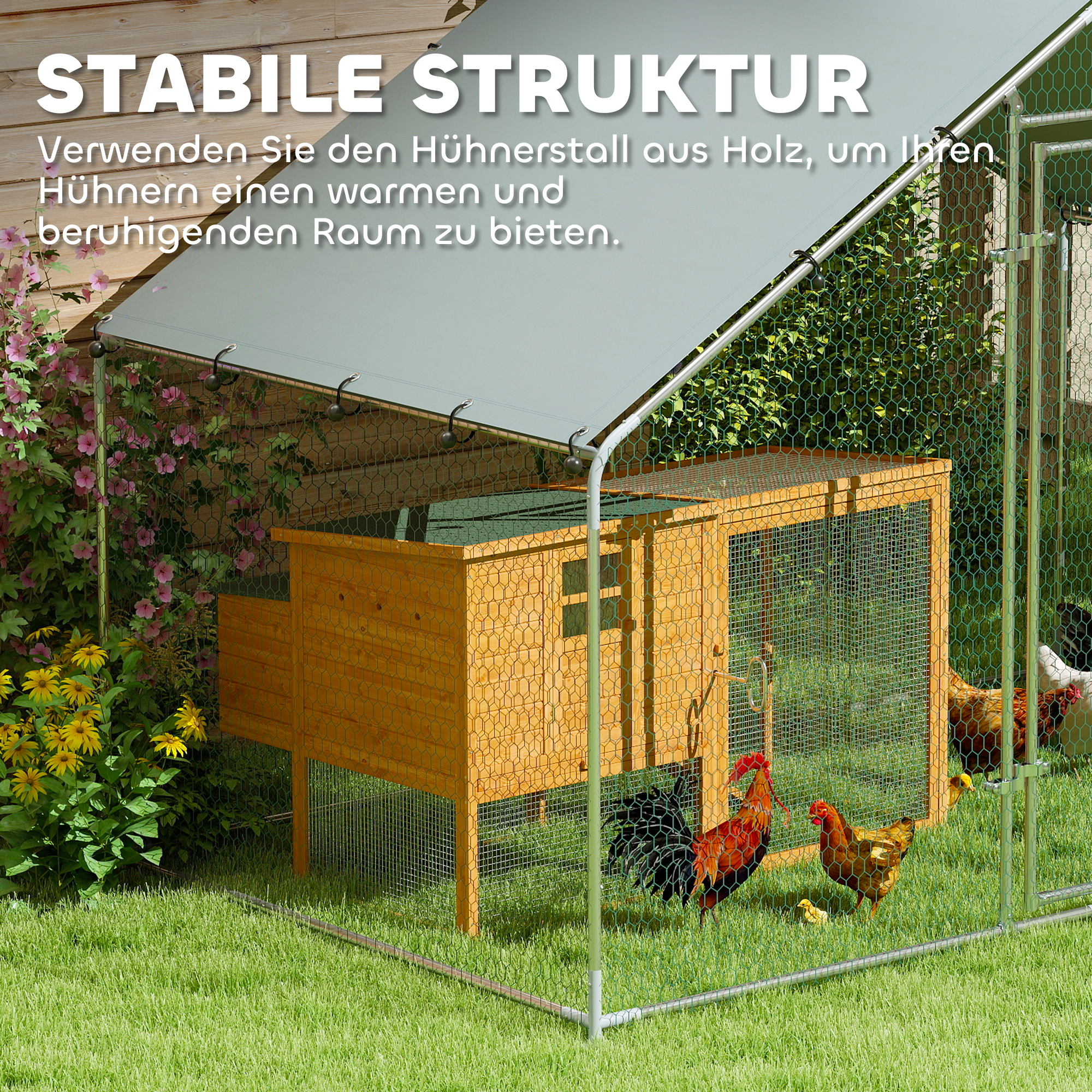 Hühnerauslauf für 5-8 Hühner, Dachplane, verriegelbare Tür, Stahlrahmen, 5,1 m², 3 x 1,7 x 1,9 m