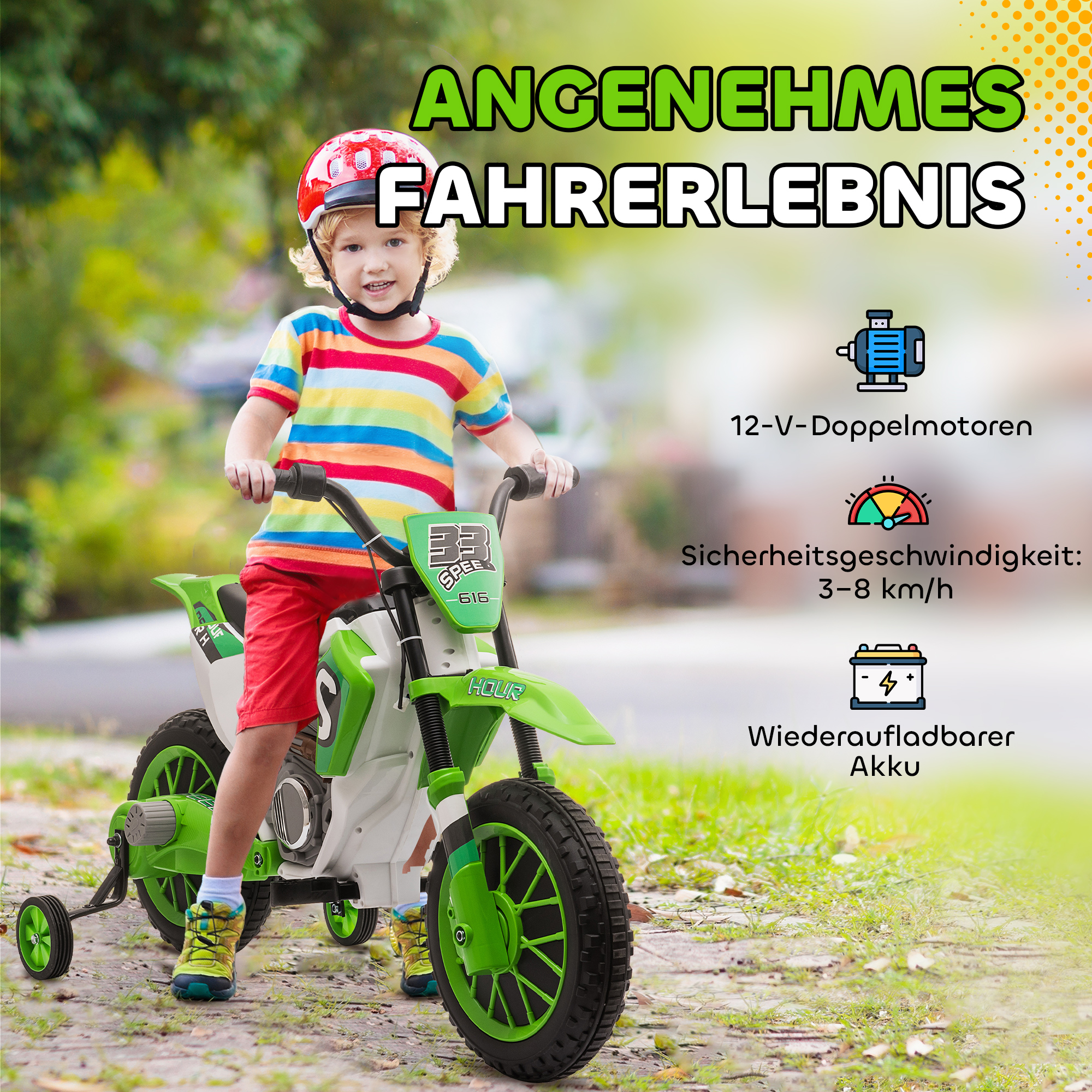 Kindermotorrad, mit Stützrädern, ab 3 Jahre, grün & weiß