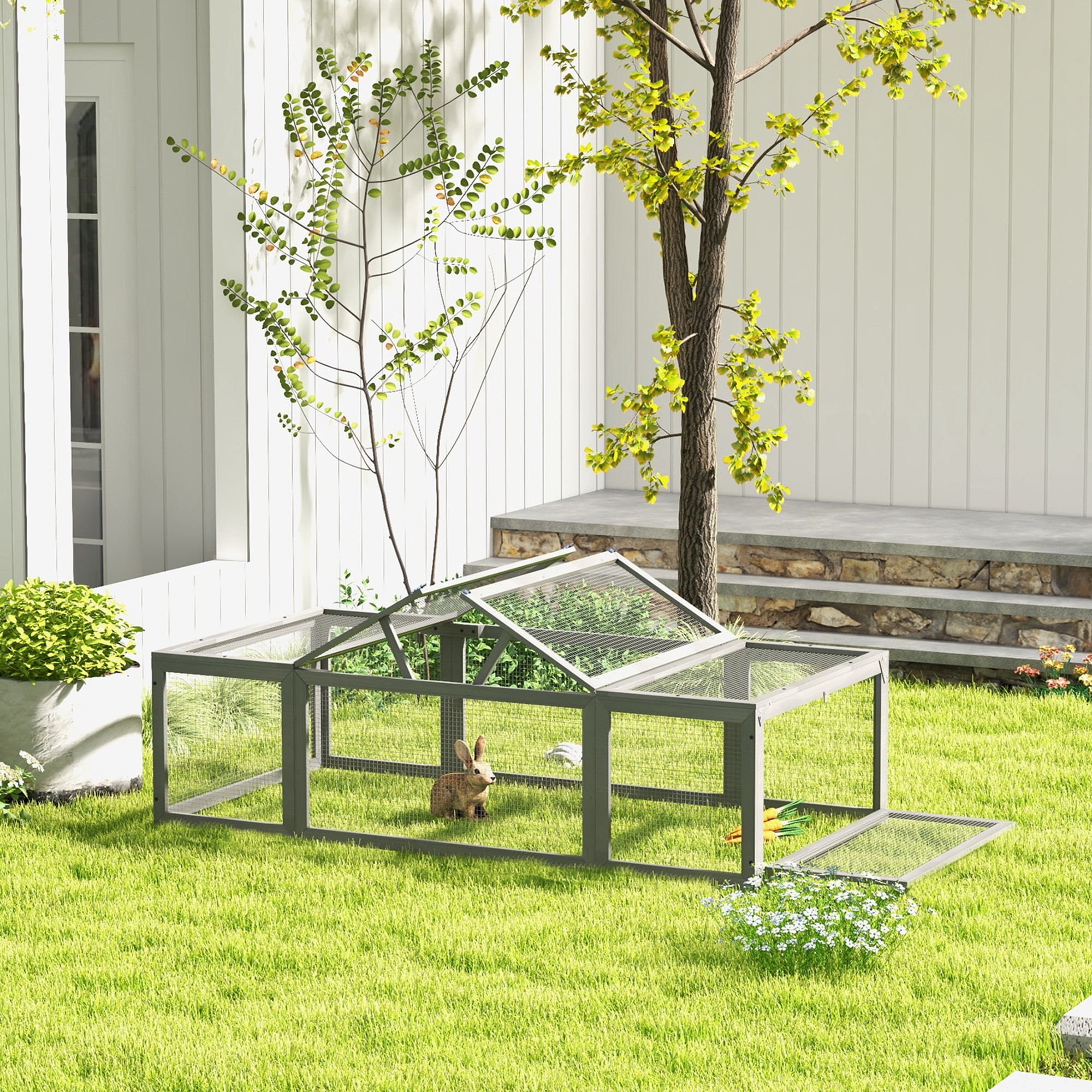 Freilaufgehege für Kleintiere Aufklappbares Dach Tannenholz Grau