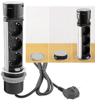 Schreibtisch-Einbausteckdose, rund Mini / versenkbar, Edelstahl, 3x Steckd,USB A+C