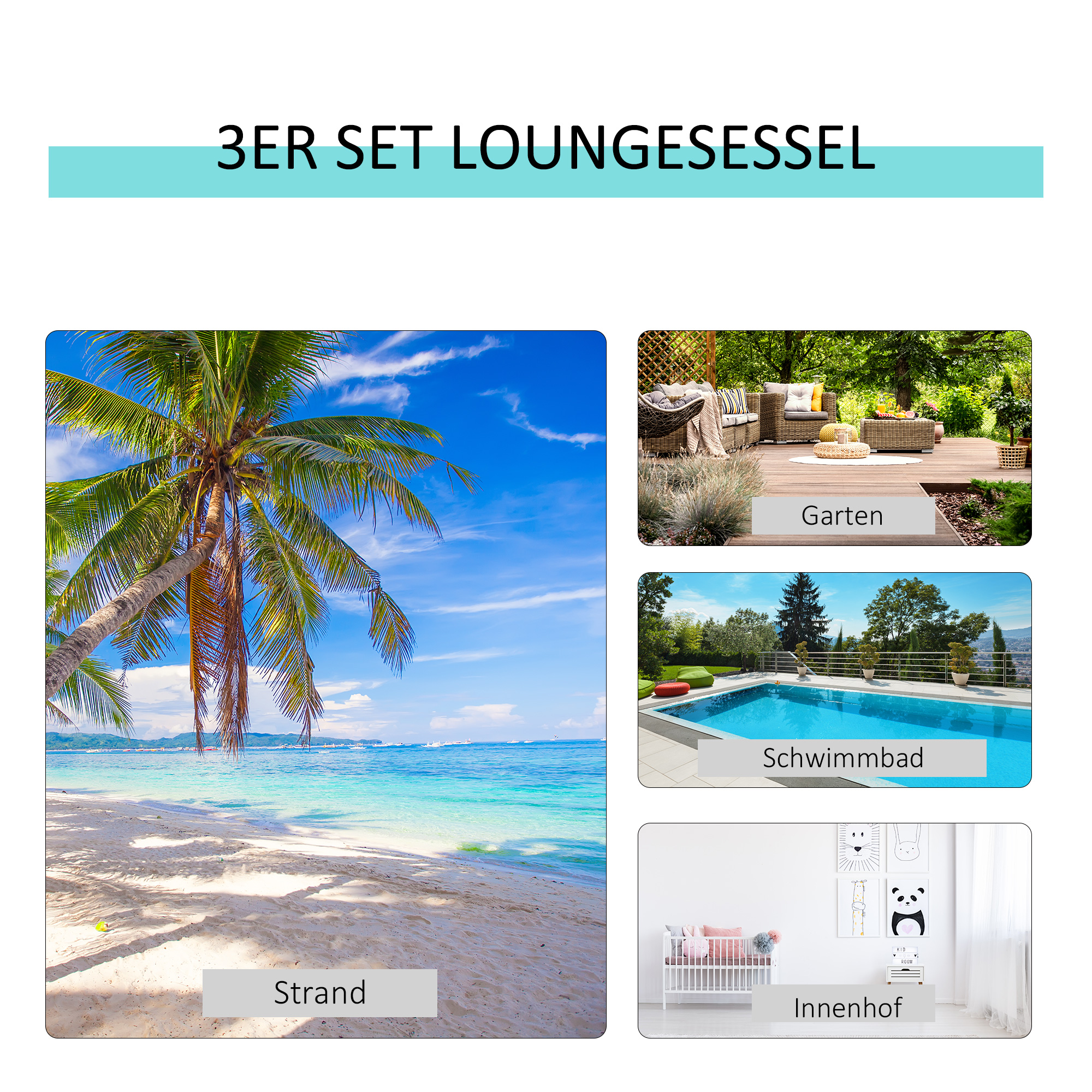 3-tlg. Gartenliegen-Set, 2 Sonnenliegen & 1 Beistelltisch, Metallrahmen, Grau+Schwarz