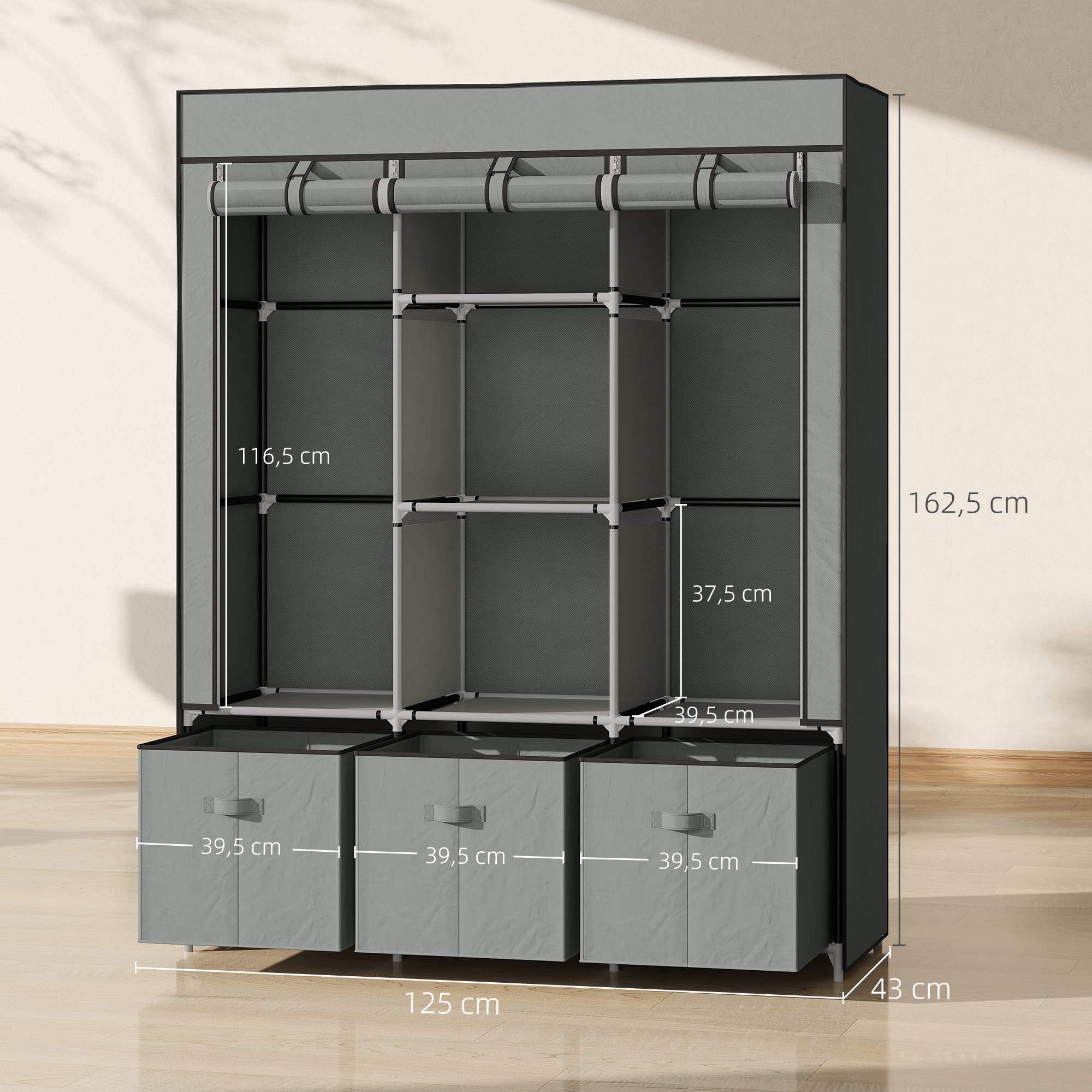 Stoffschrank aus Vlies, Faltschrank, inkl. 3 Schubladen, 125 cm x 43 cm x 162,5 cm, Hellgrau