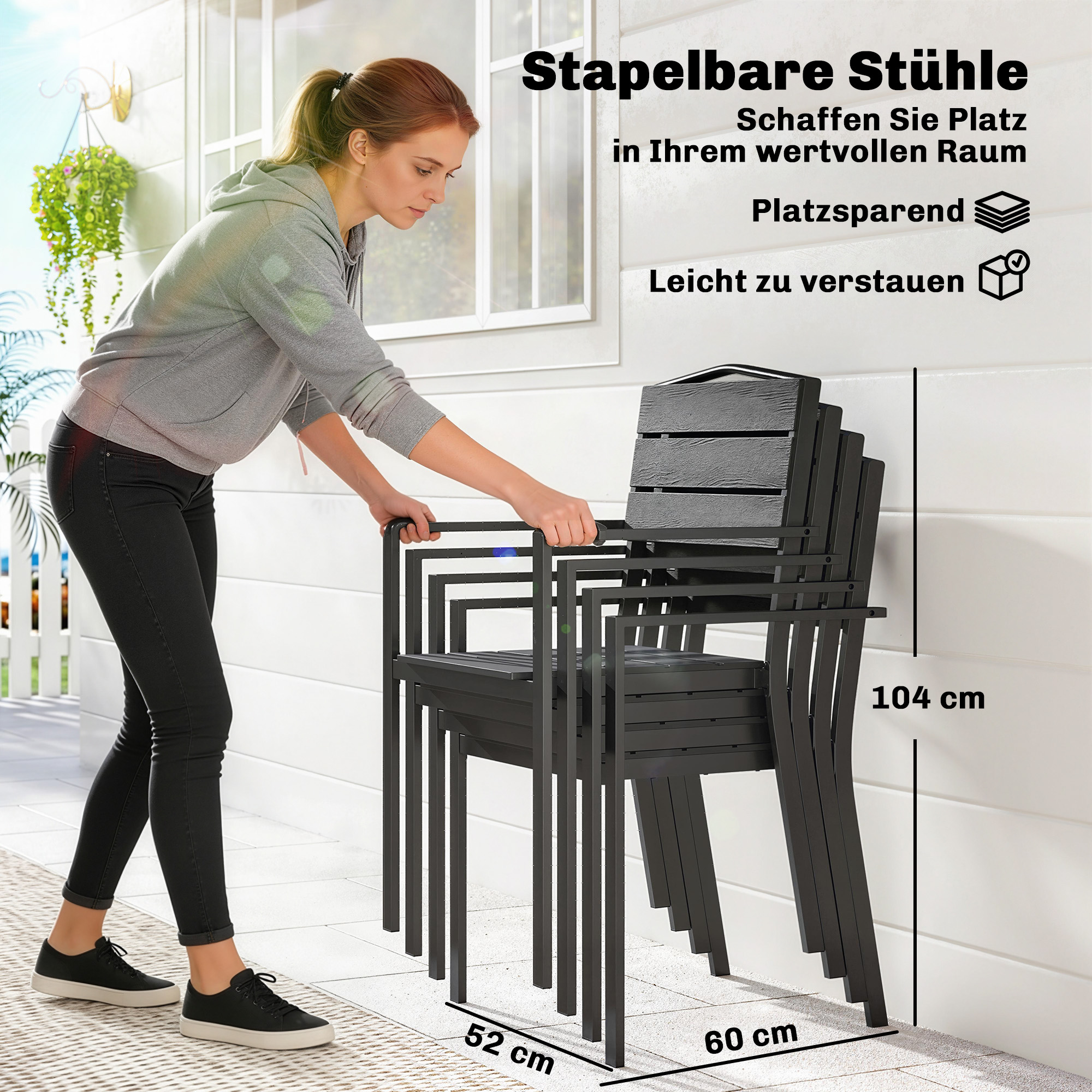 Gartenstühle 4er Set Stapelbare Terrassenstühle mit Lamelldesign Armlehnen 52 x 51 x 90 cm Schwarz