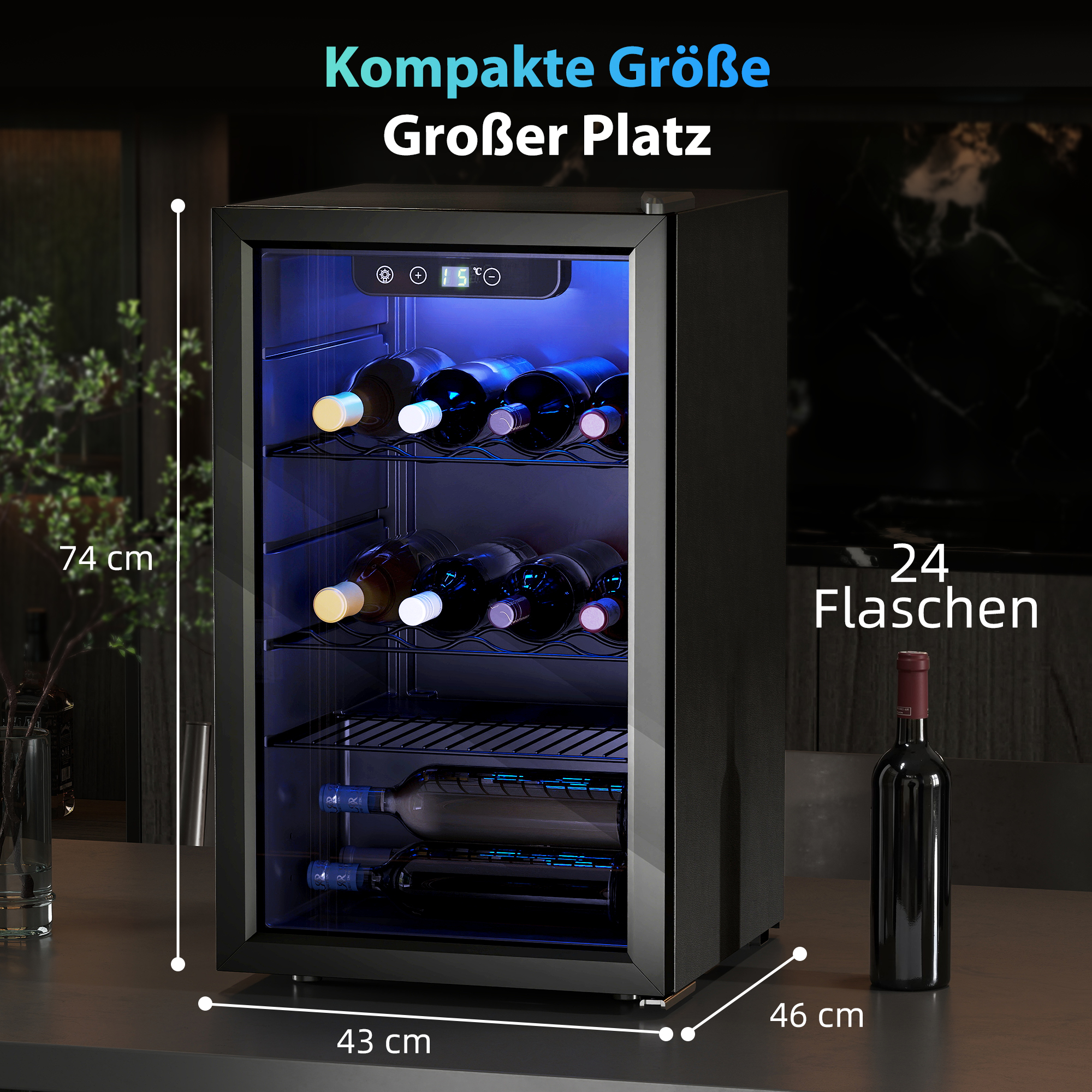 Weinkühlschrank 24 Flaschen, 68 Liter Kapazität, 4–16 °C Standgerät für Getränke, Bier und Wein mit Glas-Tür, Schwarz