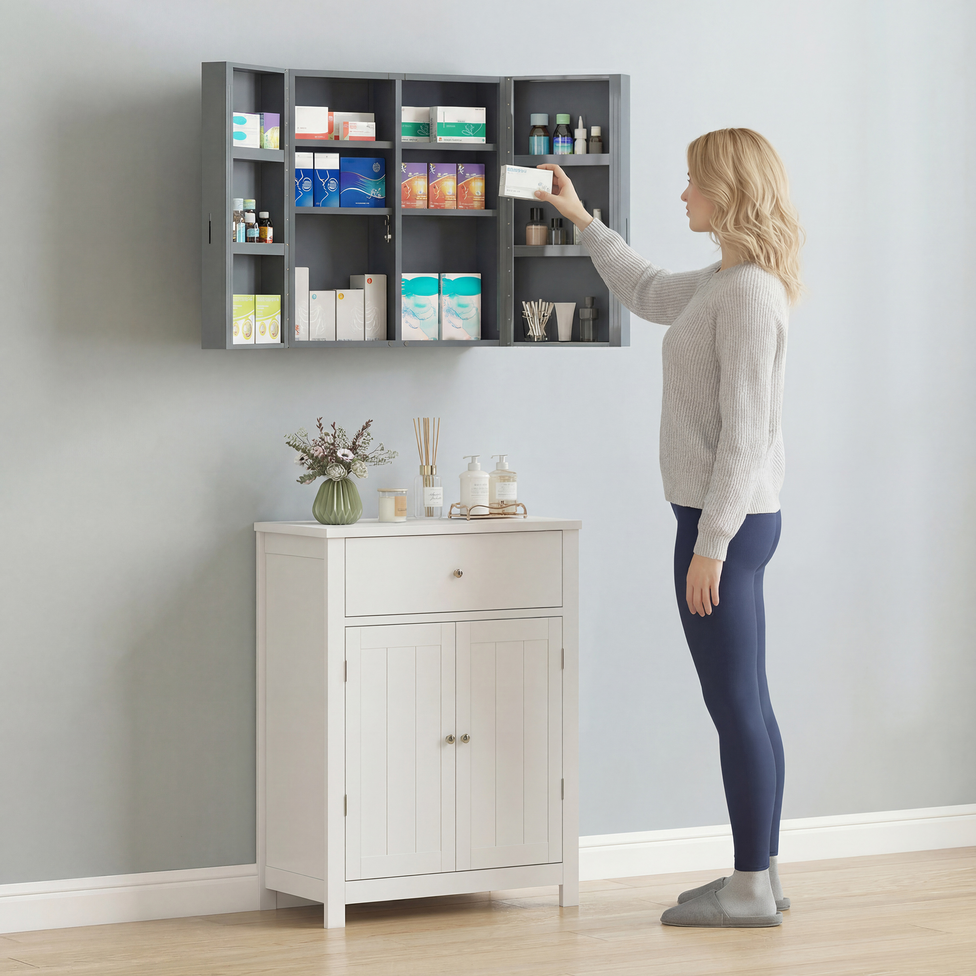 Medizinschrank, abschließbarer Medikamentenschrank mit 2 Türen und 6 Regalen, Kohlegrau