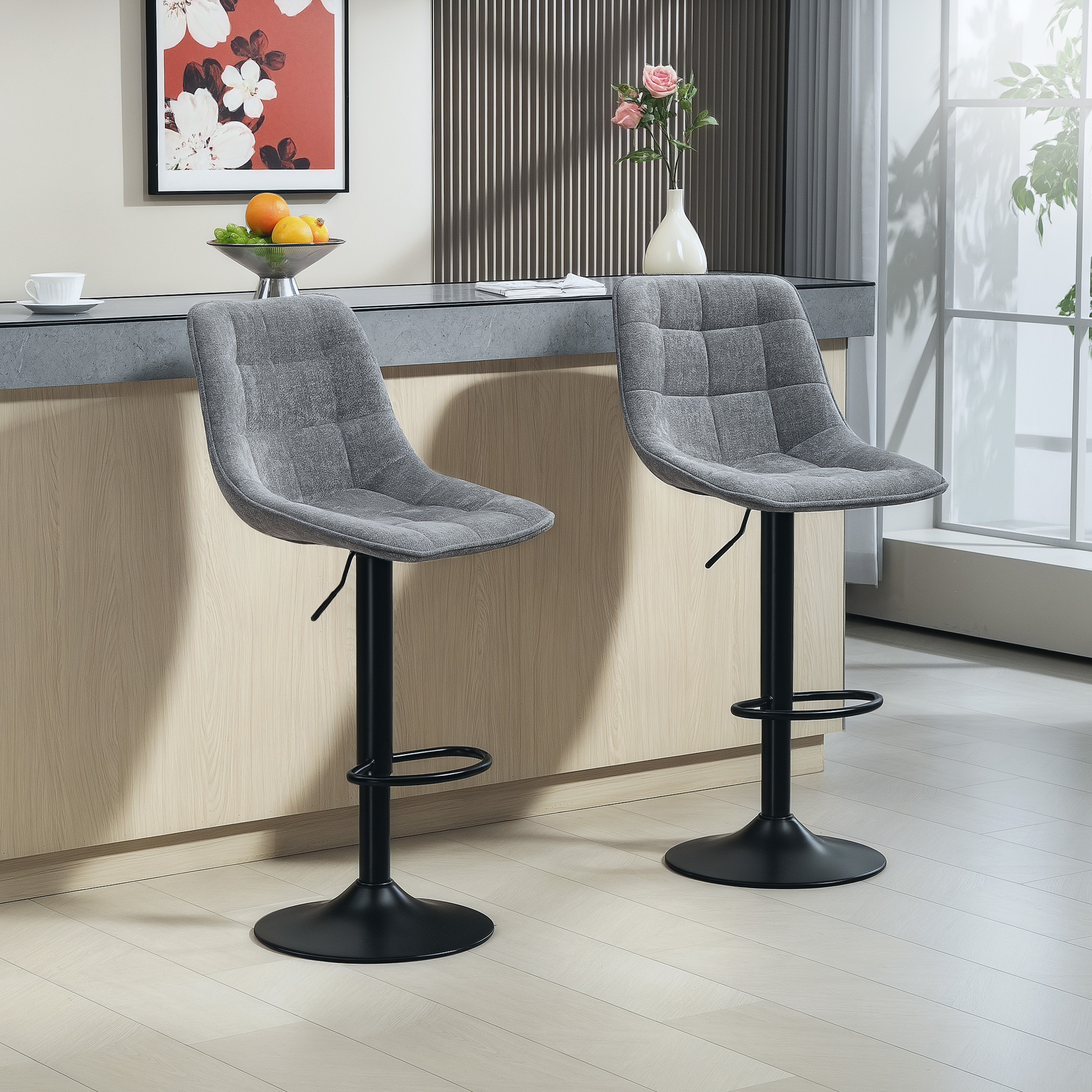 Moderner Barhocker, 2er-Set drehbare Barstühle mit Rückenlehne, höhenverstellbar, mit Fußstütze, gepolstert, Dunkelgrau