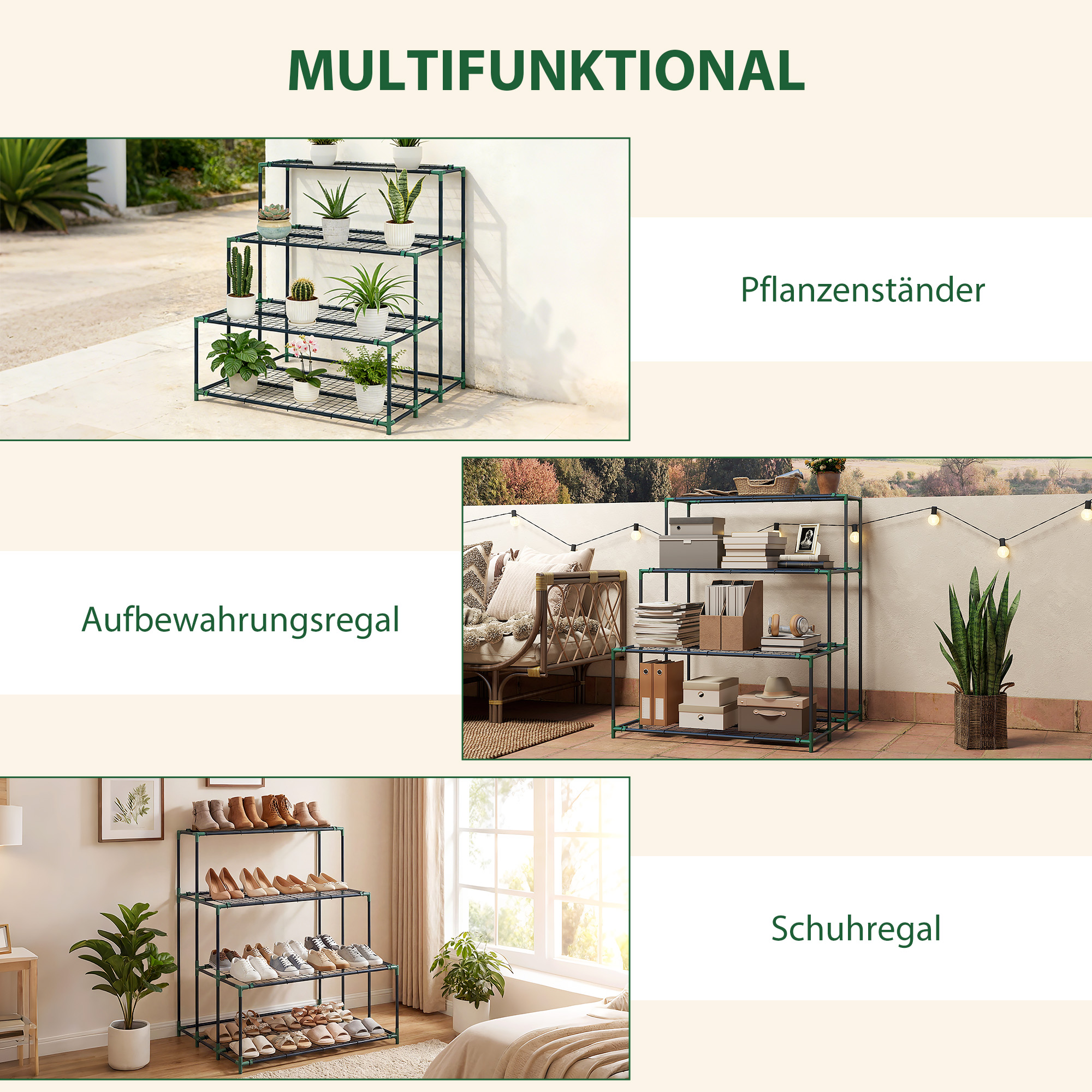 4-Etagen Pflanzenständer, 110 cm hoch Blumenständer mit 24 Clips, Pflanzenregal aus Stahl Dunkelgrün