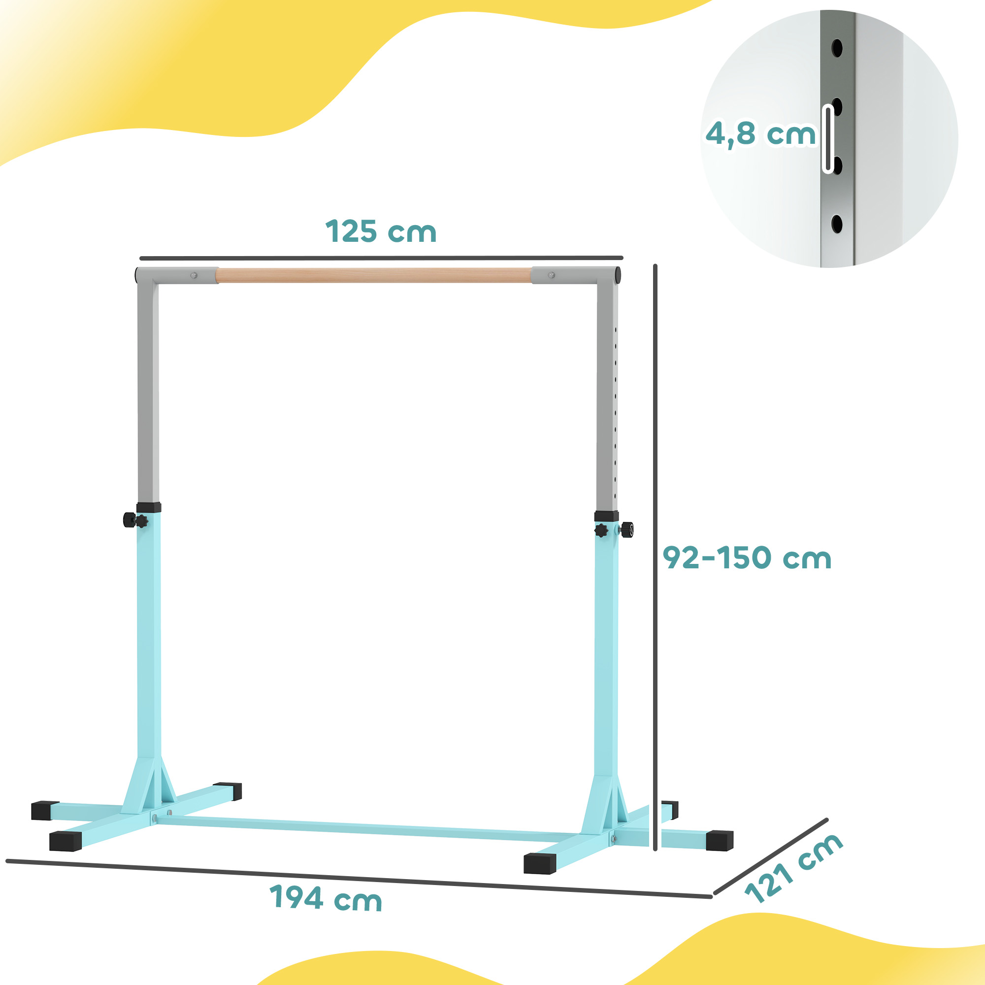 Gymnastik-Turnreck, Reckstange, 13-stufig höhenverstellbar, bis 75 kg belastbar, Stahl, Buchenholz, Hellblau