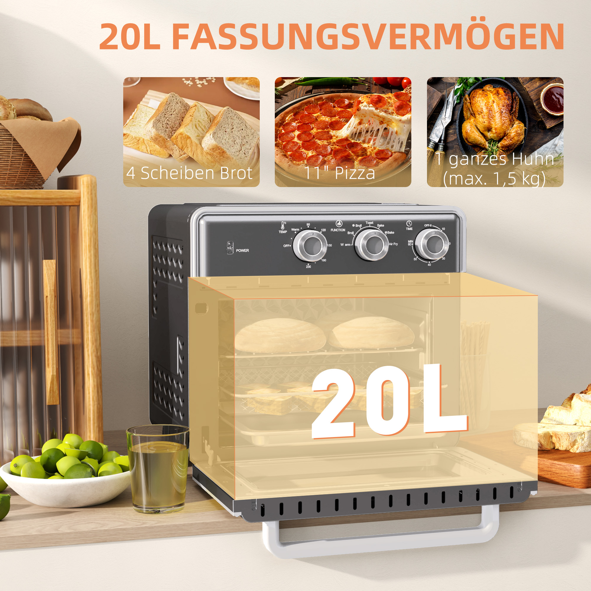 Minibackofen, 20L, 5 Funktionen, 360° Heißluft, Grillrost, Krümelblech, Grau