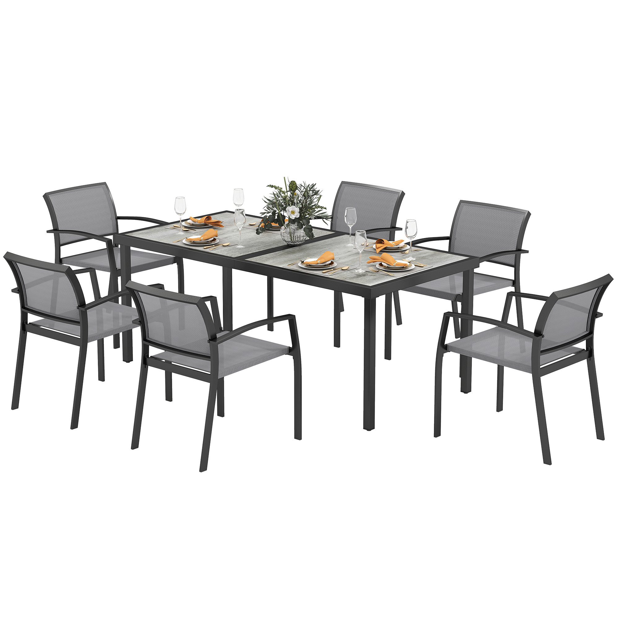 7-teiliges Ess-Set, 6 Stühle, 1 Tisch, stapelbar, leicht zu reinigen, Stahlrahmen, Gartenmöbel-Set, Grau 7-teiliges Ess-Set, 6 Stühle, 1 Tisch, stapelbar, leicht zu reinigen, Stahlrahmen, Gartenmöbel-Set, Grau