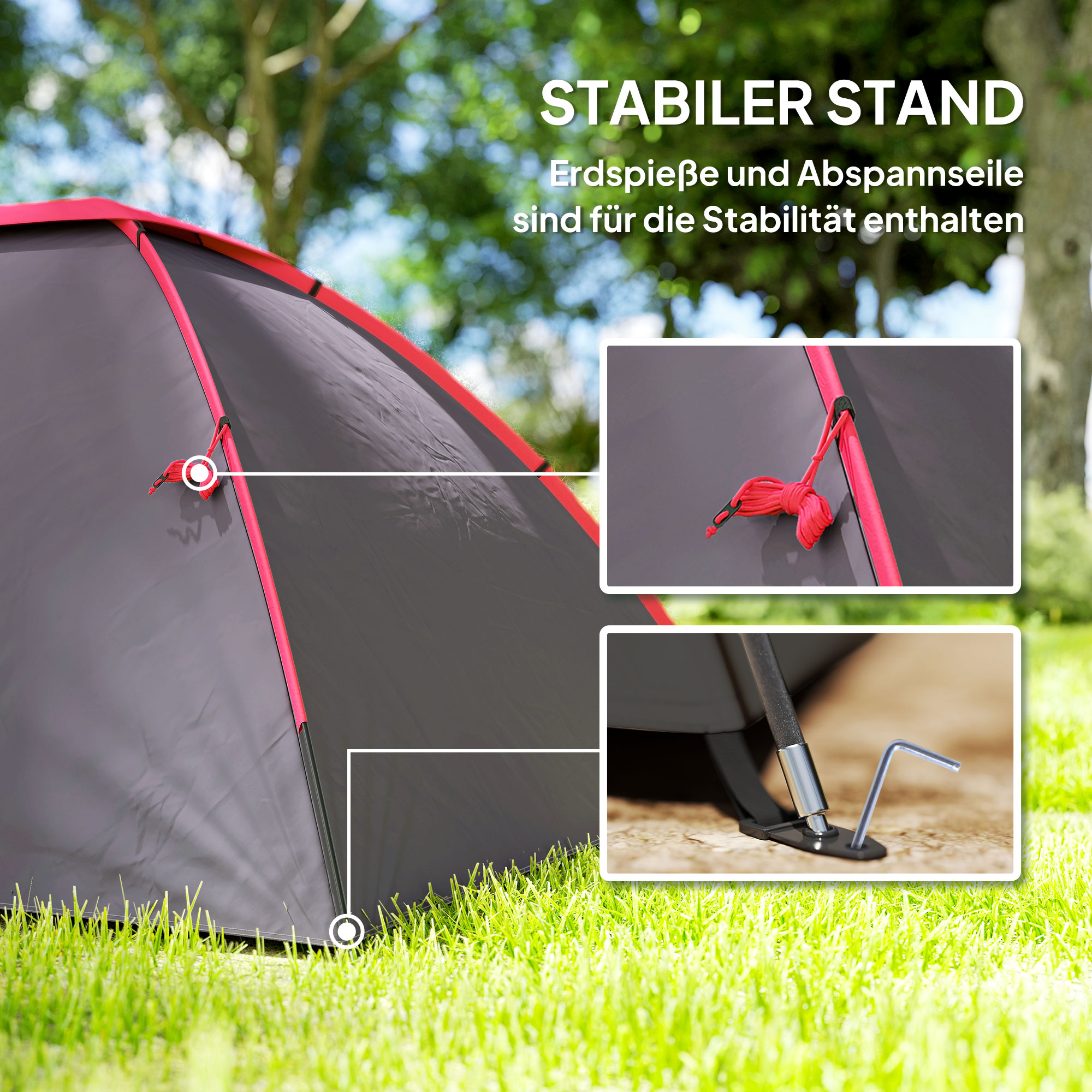 Campingzelt für 2 Personen leicht, stabil wasserdicht UV 50+ mit Vordach Tür Fenster, Bodenplane Grau