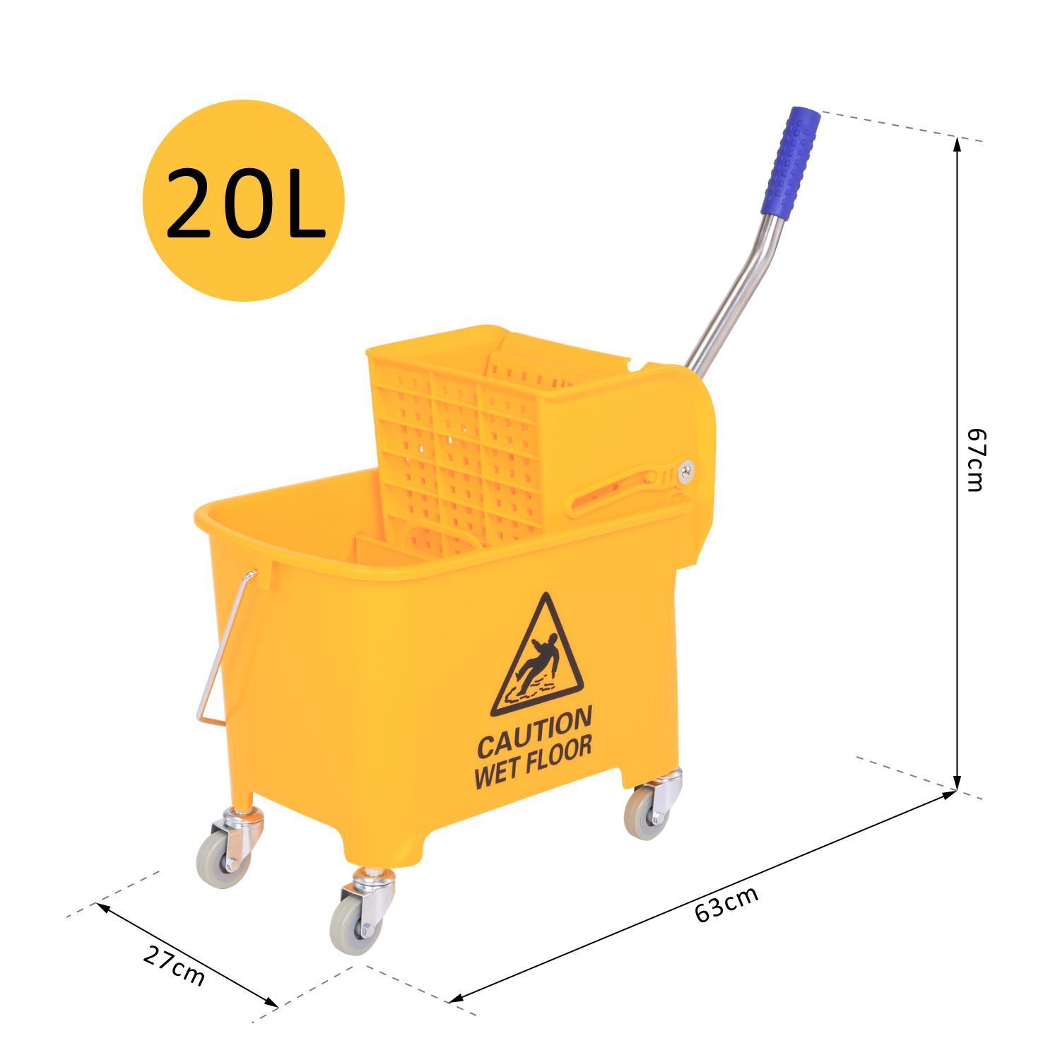 20l Mopp-Eimer mit Auswringer und Griff, Wischmopp-Eimer auf Rädern, Kunststoff, Gelb
