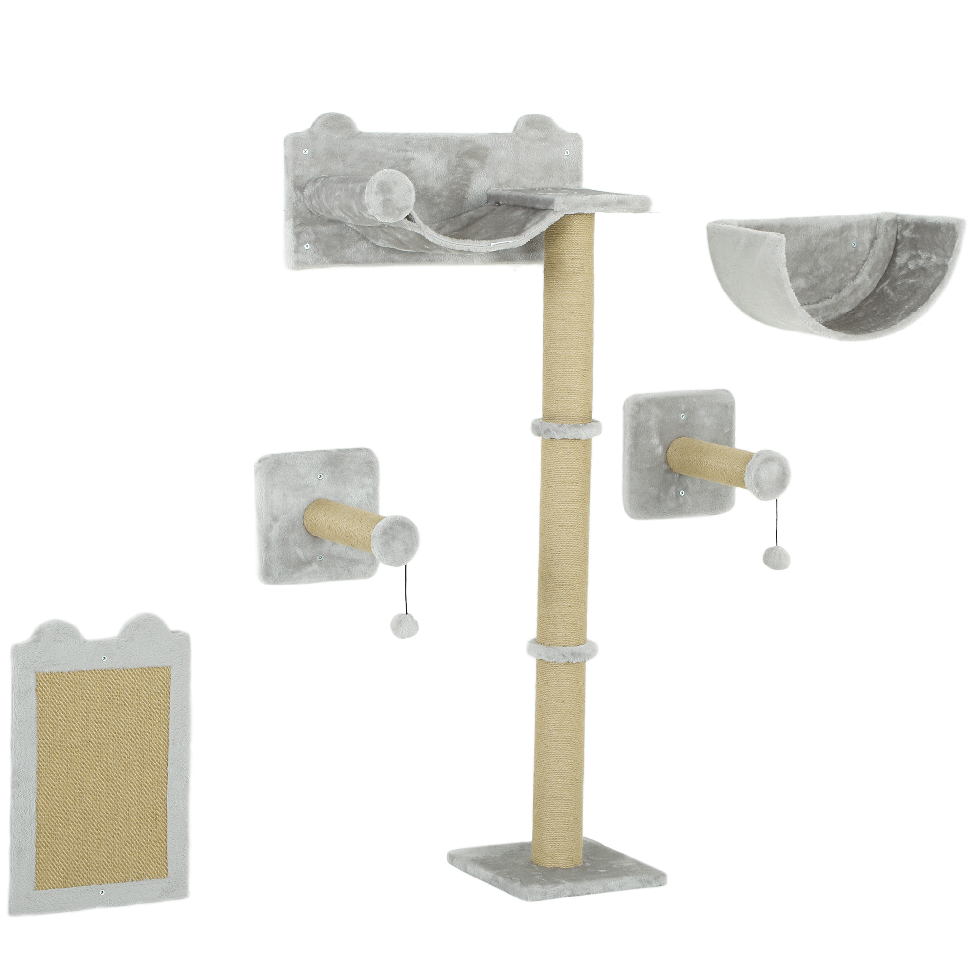 5-teiliges wandmontiertes Kletterset für Hauskatzen mit Kratzpfosten, Kratzmatte, Katzenbett, Spielzeugbällen, Hellgrau 5-teiliges wandmontiertes Kletterset für Hauskatzen mit Kratzpfosten, Kratzmatte, Katzenbett, Spielzeugbällen, Hellgrau