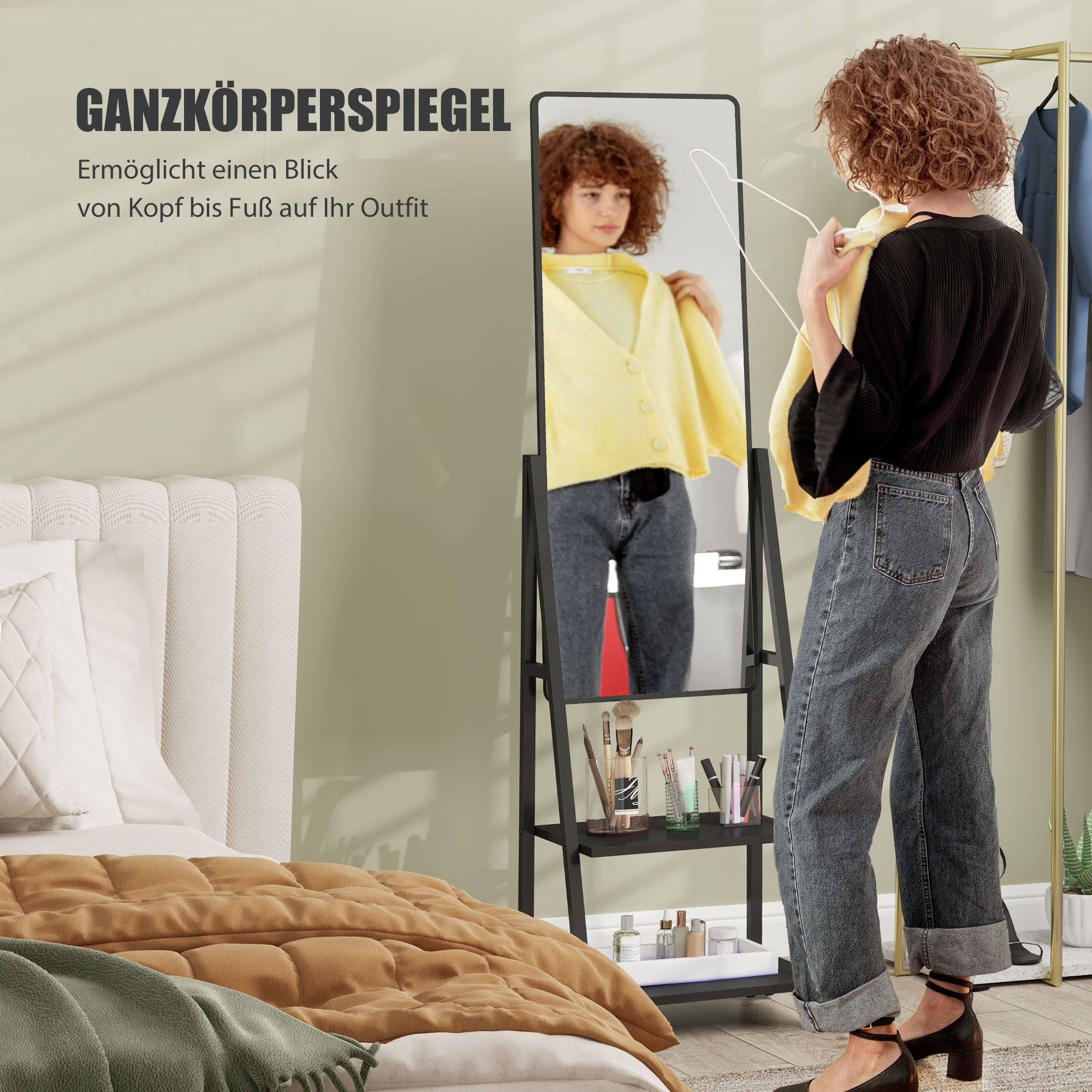 Rollbarer Ganzkörperspiegel mit 2 Regalen und 4 Rädern, für Schlafzimmer, Wohnzimmer, Flur, Schwarz