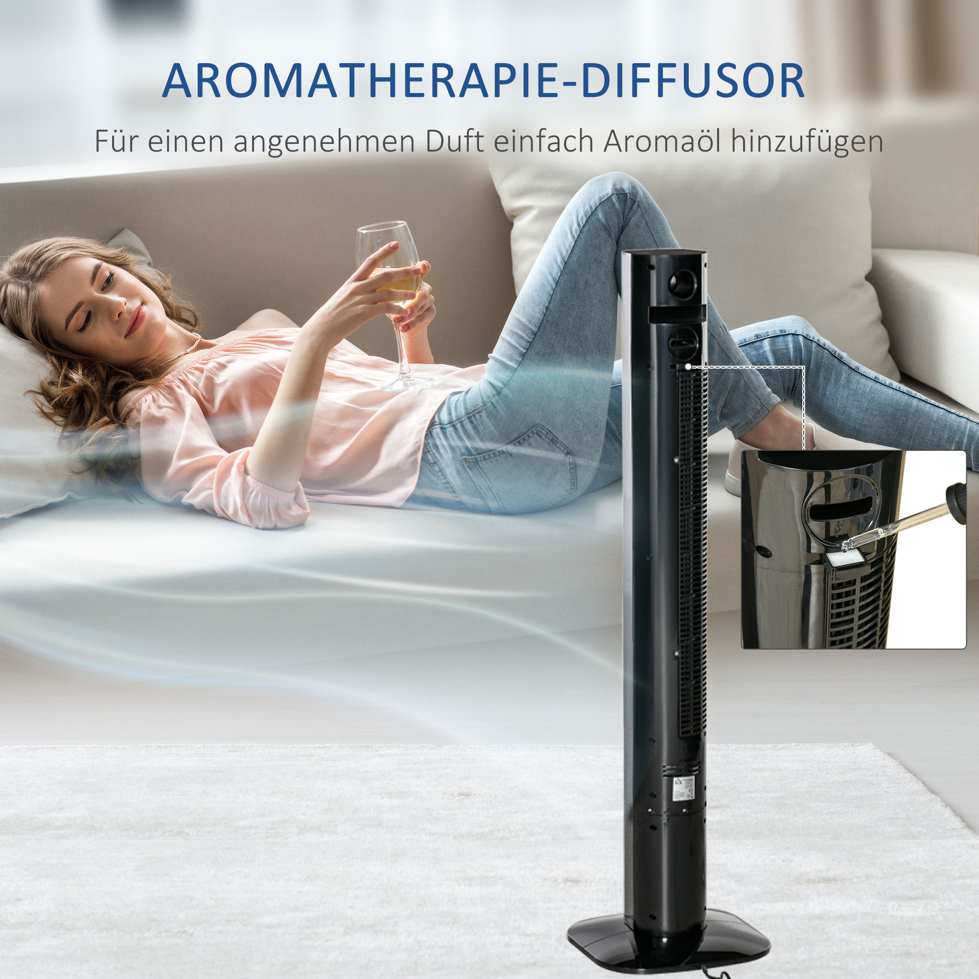Turmventilator mit Fernbedienung 45W 70° Oszillation Säulenventilator Ventilator mit Aroma-Diffusor Timer-Funktion 3 Belüftungsstufen Schwarz