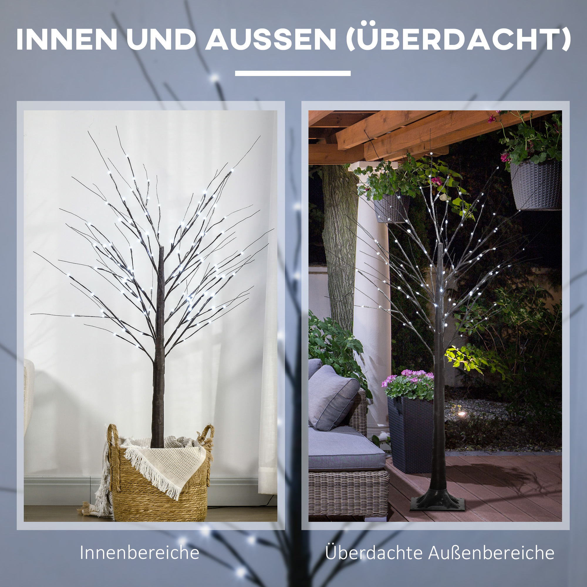 künstliche Birke mit LED-Beleuchtung, 96 kaltweiße Mikro-LEDs, 150 cm, Braun