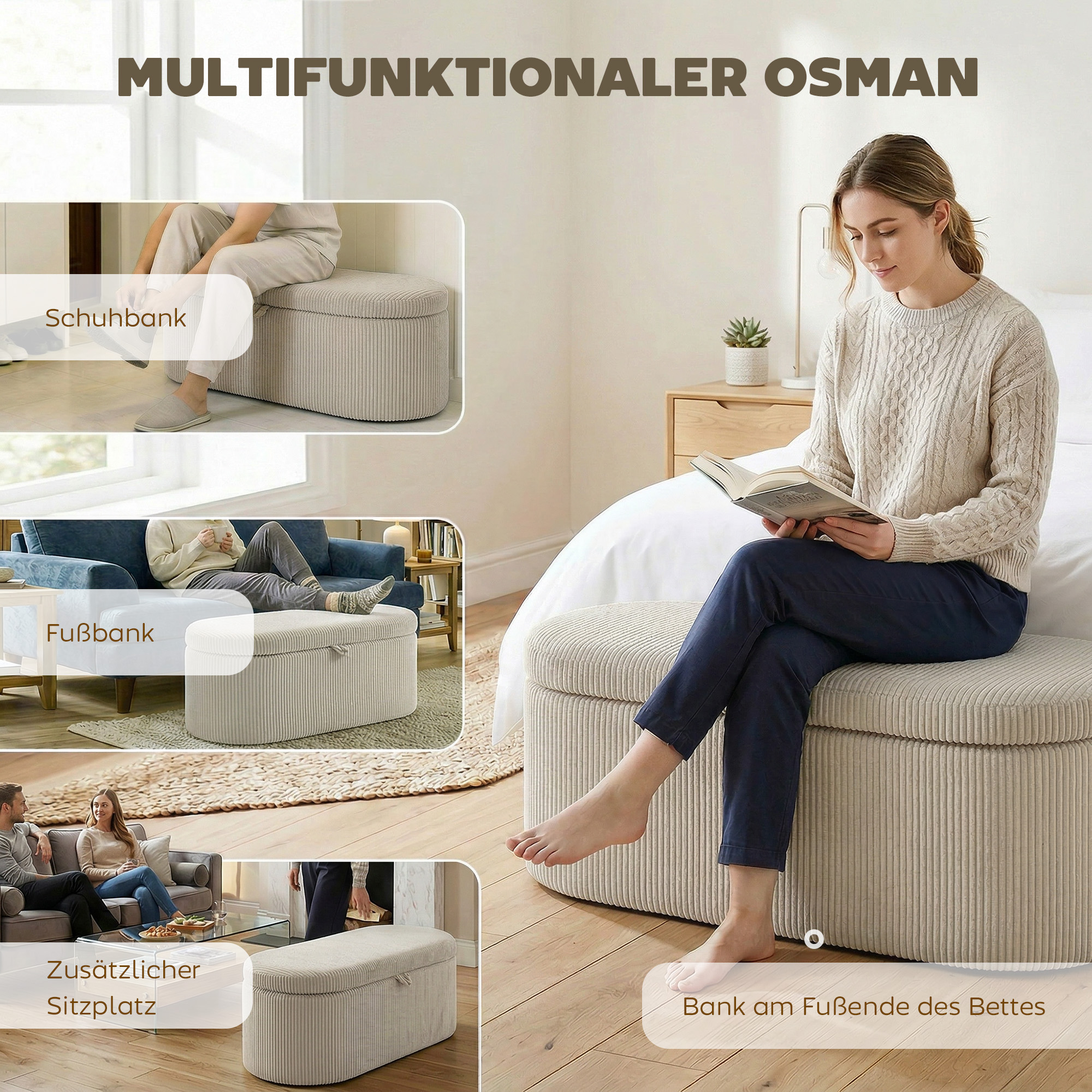 Aufbewahrungs-Ottomane, Cord-Polsterung mit gepolsterter Sitzfläche, Sitzbank am Bettende, 105 x 51 x 49 cm, Beige