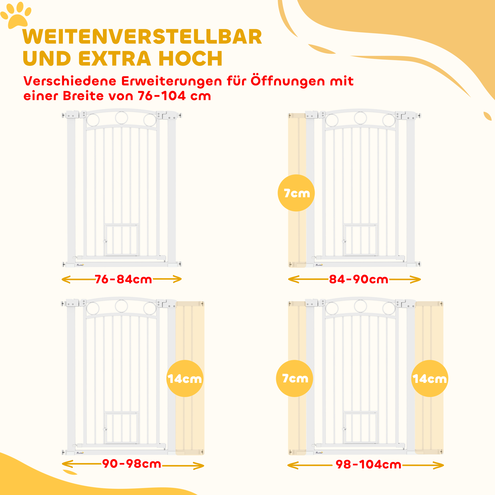 106 cm hohes Haustiergitter mit anpassbarer Breite, integrierte Katzentür, für Treppen und Türrahmen, Weiß