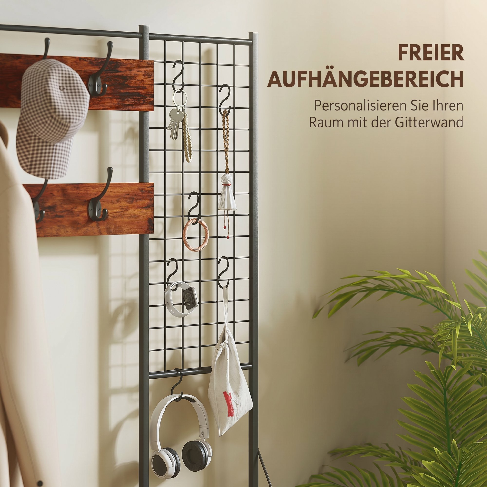 Garderobenständer, Kleiderständer mit Stoff-Schublade, 14 Haken für Flur, Schlafzimmer, Rustikal-Braun, Höhe 183 cm