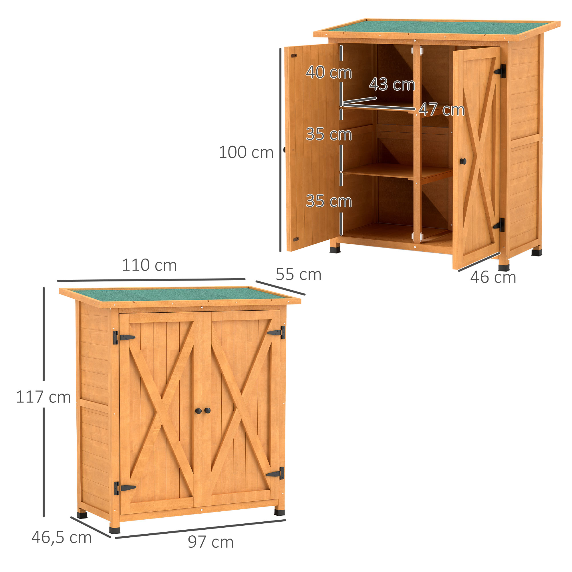 Gartenschrank, Geräteschuppen aus Holz, Wetterfest Geräteschrank mit 2 Türen Asphaltdach 110 x 55 x 117 cm, Gelb