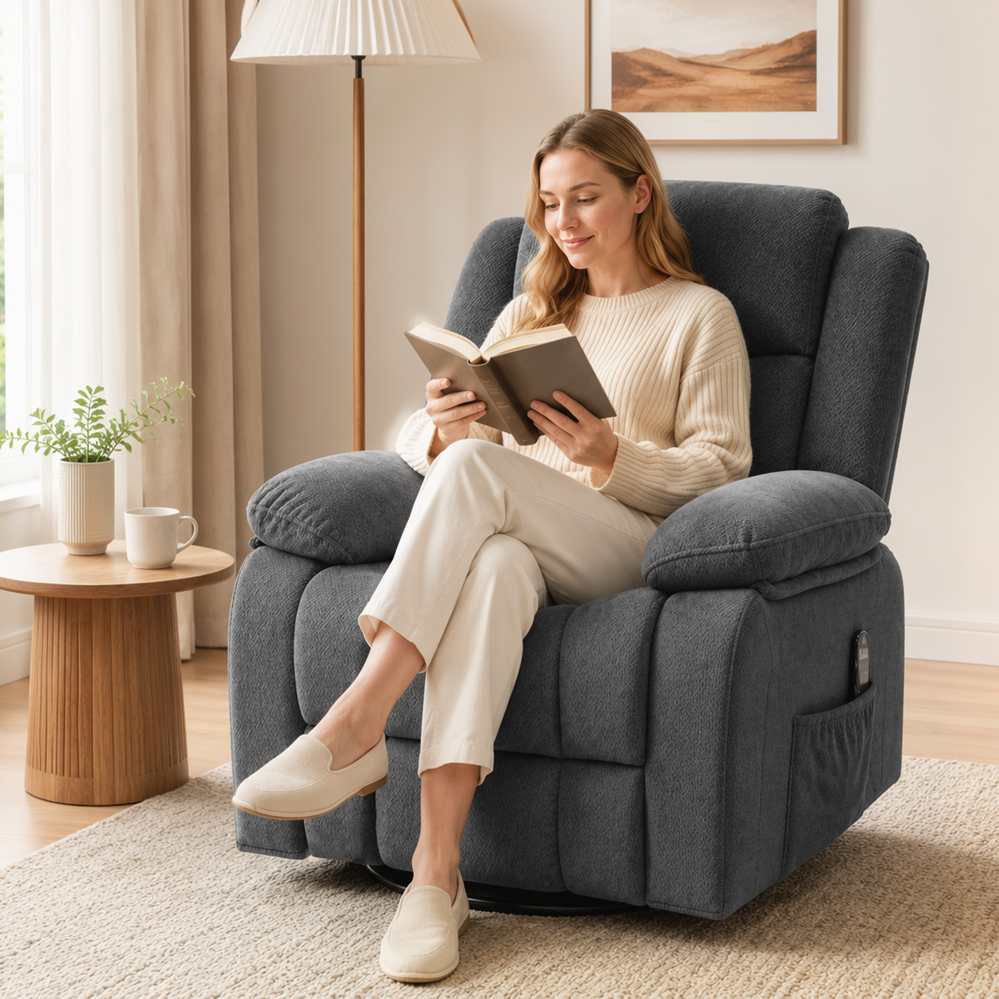 Relaxsessel mit Vibrationsmassage und Wärme, manuell verstellbarer Drehsessel mit Schaukelfunktion und Taschenfederkern, Grau
