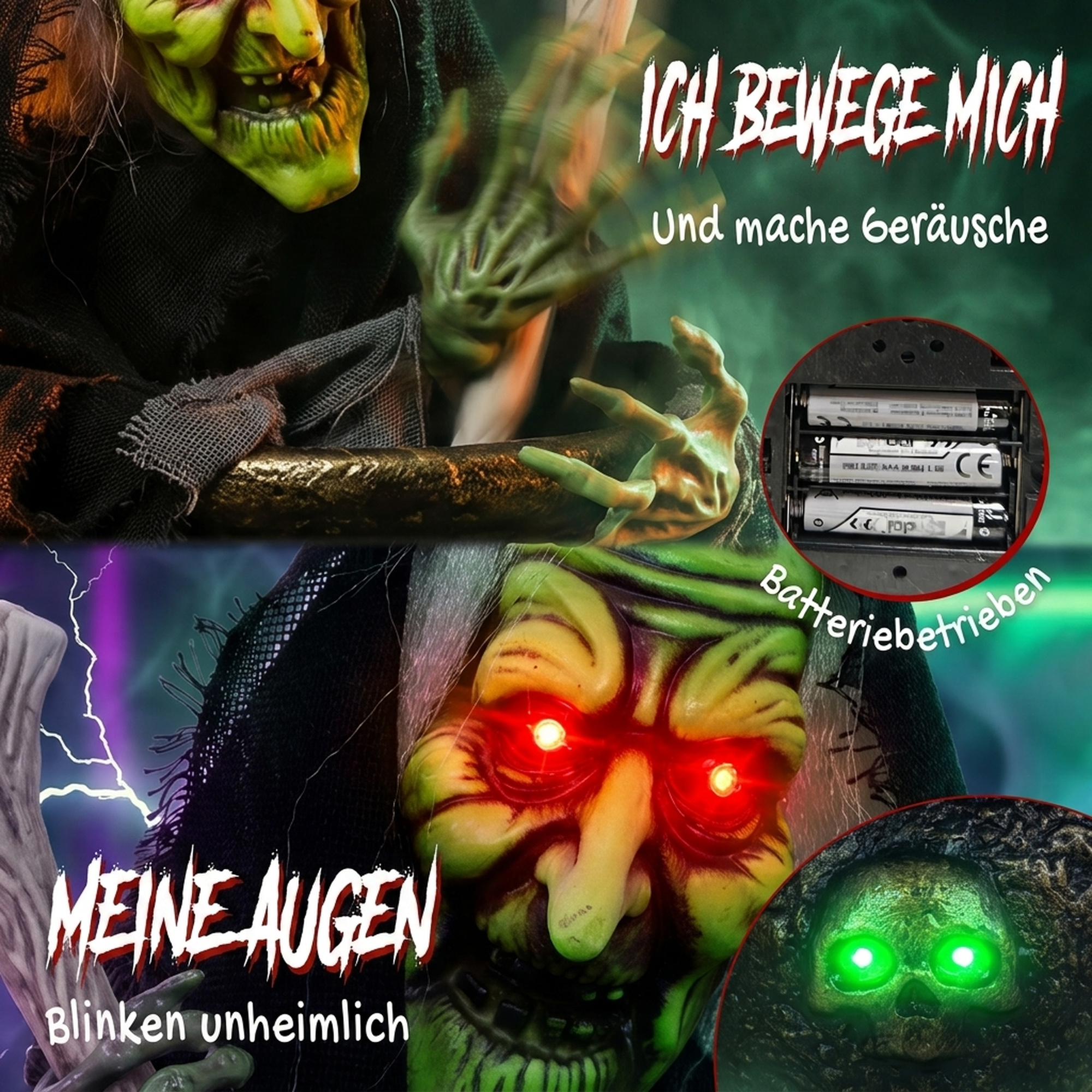 animierte Halloween-Tischhexe mit Lachsound, leuchtenden Augen und Sound-/Touch-Aktivierung