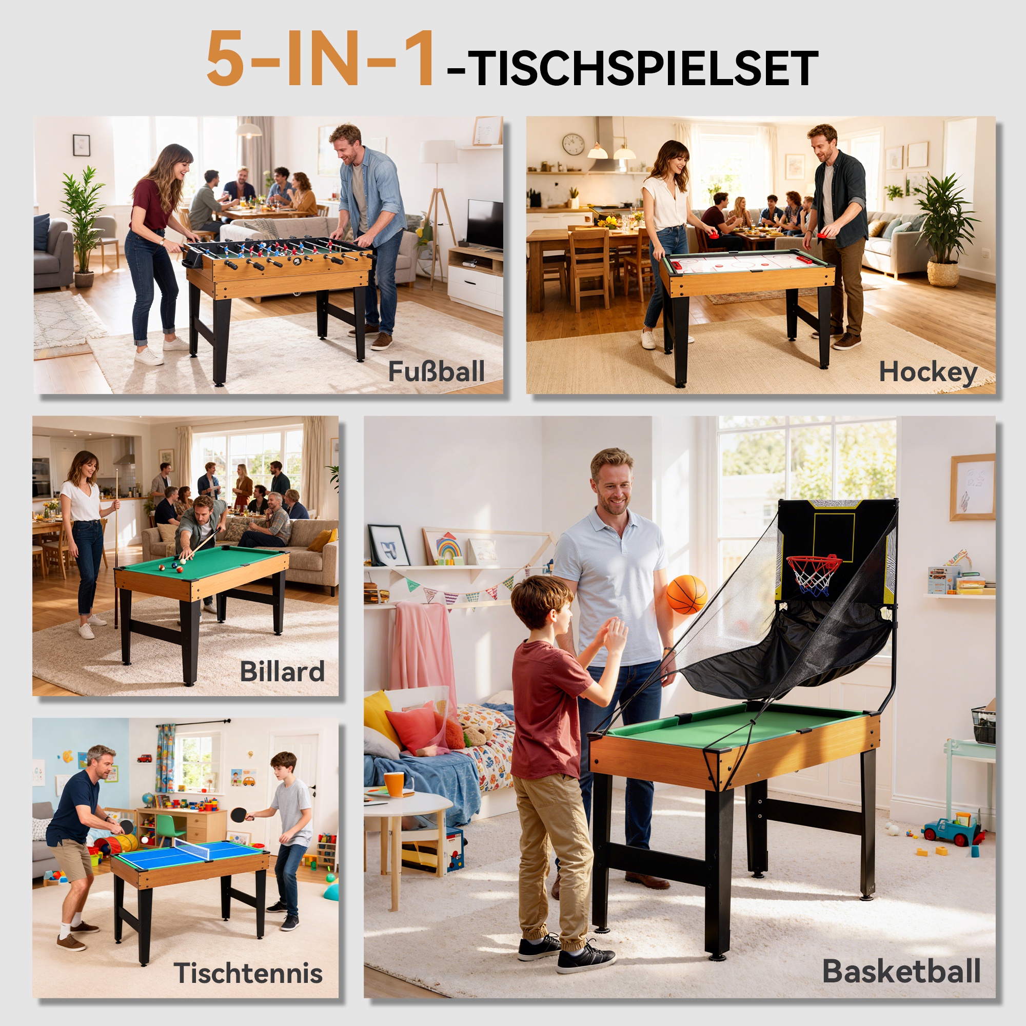 5-in-1 Multispiel-Tisch, 53 Zubehör-Teile, Tischfußball, Tischhockey , Tischtennis, Billard, Basketball, Walnuss