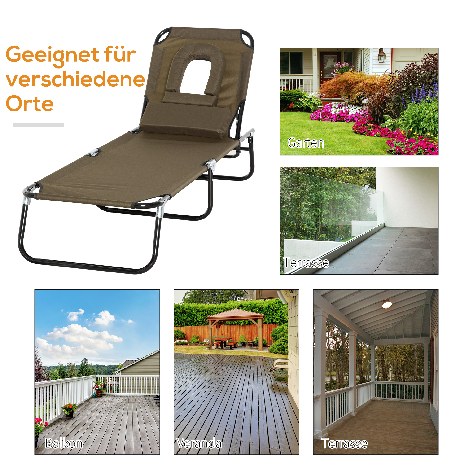 Sonnenliege klappbar Gartenliege mit Kopfkissen Liegestuhl mit 4-Fach verstellbare Rückenlehne Campingliege Gesichtsöffnung bis 120kg belastbar für Garten, Balkon und Pool Braun