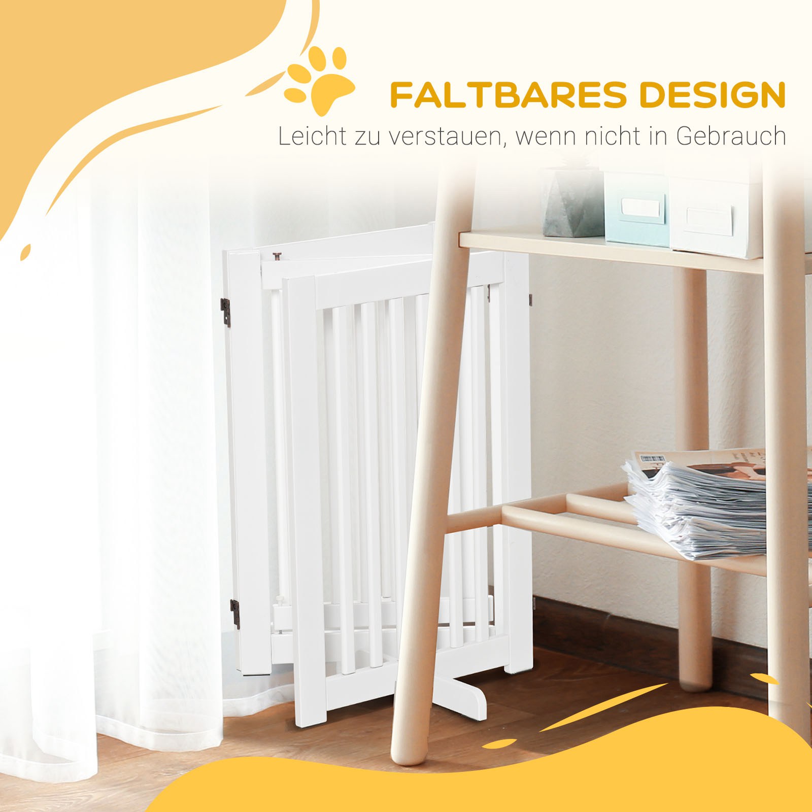 Absperrgitter Hund Freistehendes Verstellbares Schutzgitter mit Füßen 155 x 76 cm Holz Hundegitter Klappbar Treppenschutzgitter für Treppen, Türen, Küche, Flur, 3 Paneelen, Weiß