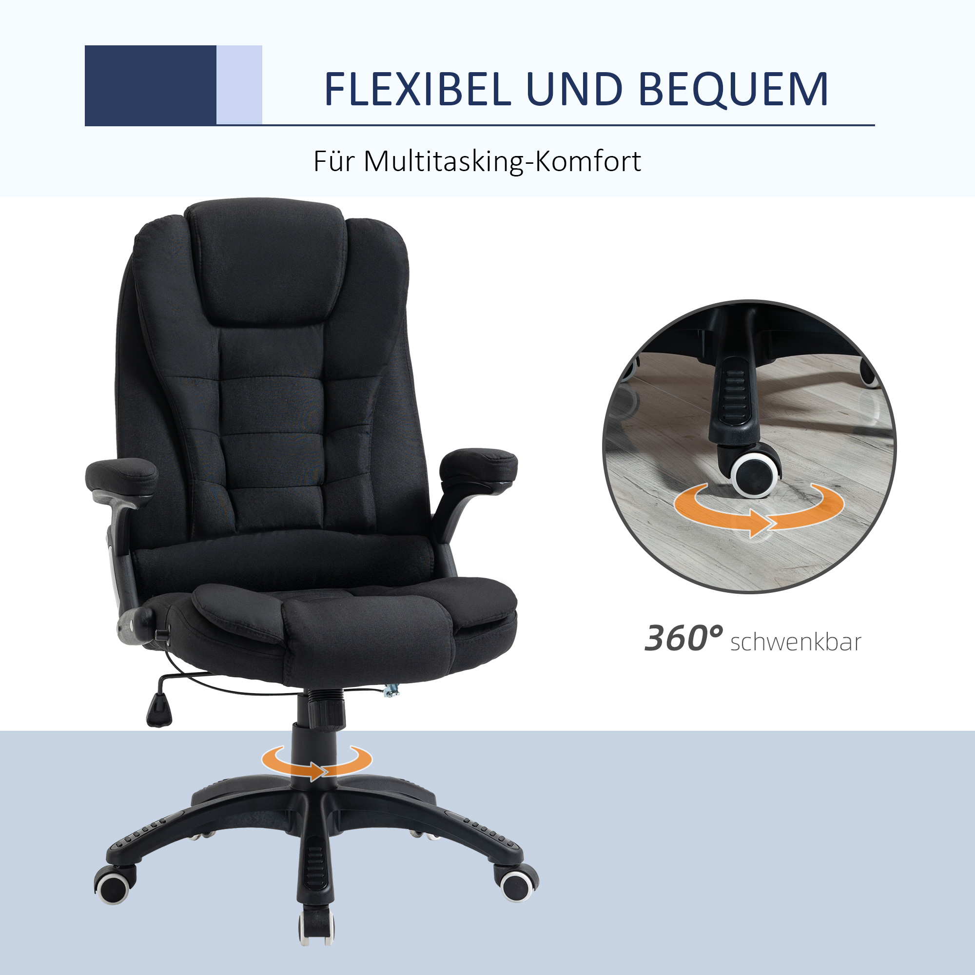 Bürostuhl Computerstuhl entspanntes Hinlegen höhenverstellbarer Schreibtischstuhl  ergonomisch 360° Schaumstoff Kunststoff-Kunststoff leinenartiges Polyester Schwarz 65 x 72 x 100-120 cm