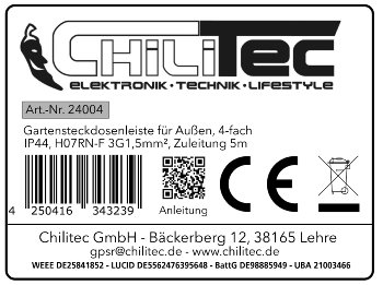 Gartensteckdosenleiste für Außen, 4-fach / IP44, H07RN-F 3G1,5mm², Zuleitung 5m