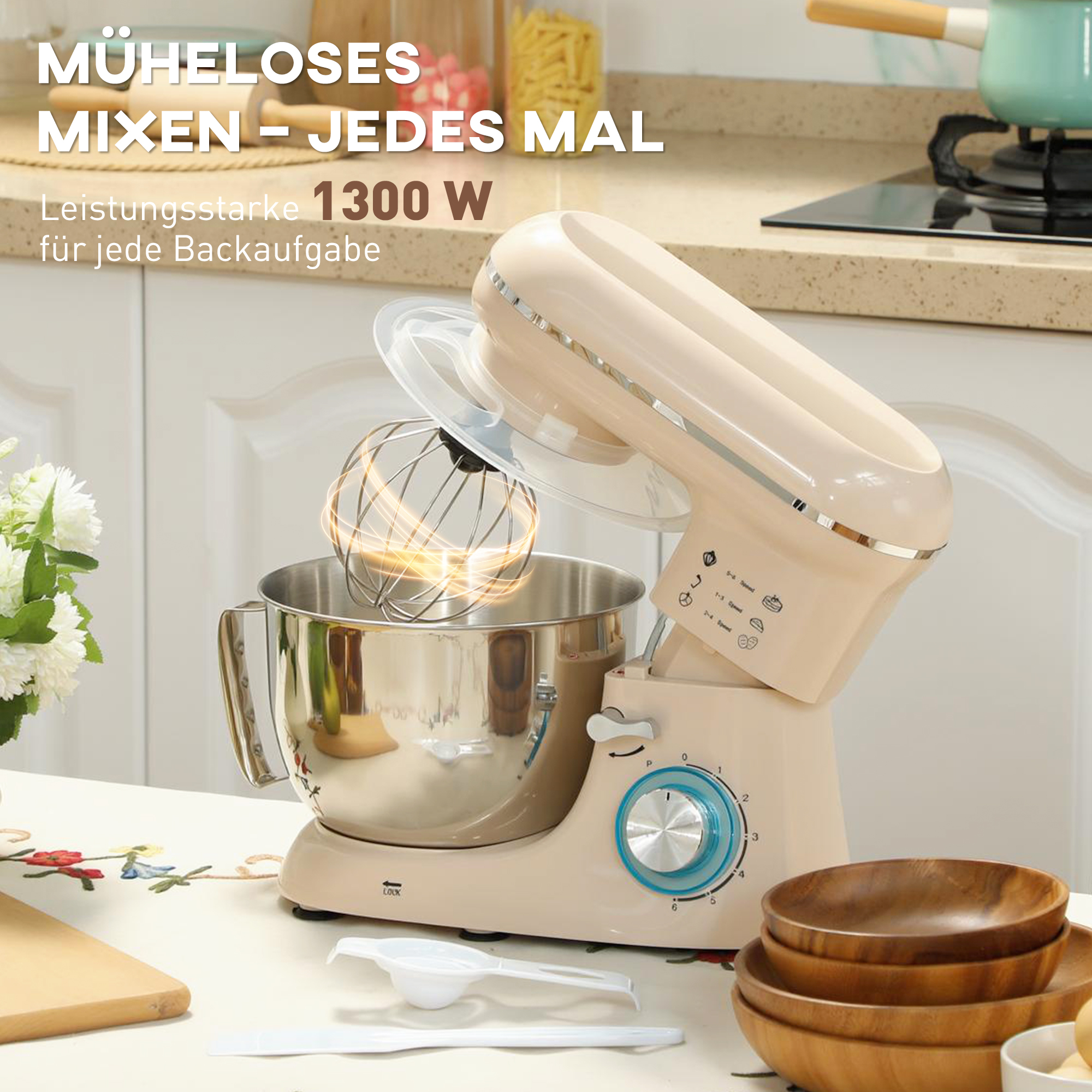 Küchenmaschine Knetmaschine mit 4,5L Edelstahlschüssel 1300W Teigmaschine mit 6+P Geschwindigkeit Beige