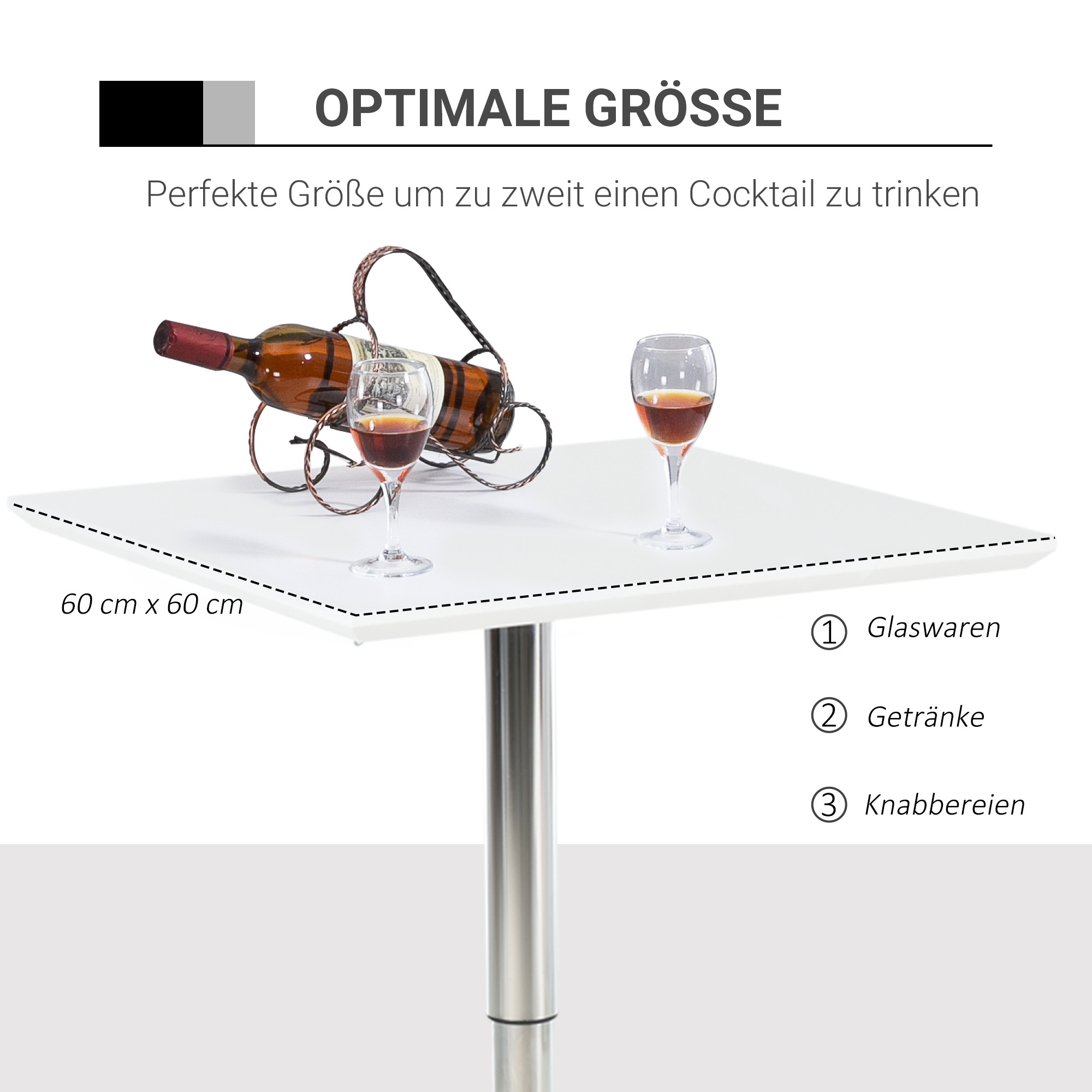 Bartisch Bistrotisch Pub Höhenverstellbarer Quadratischer Stehtisch Tisch Stahl Weiß 60 x 60 x 69-92 cm