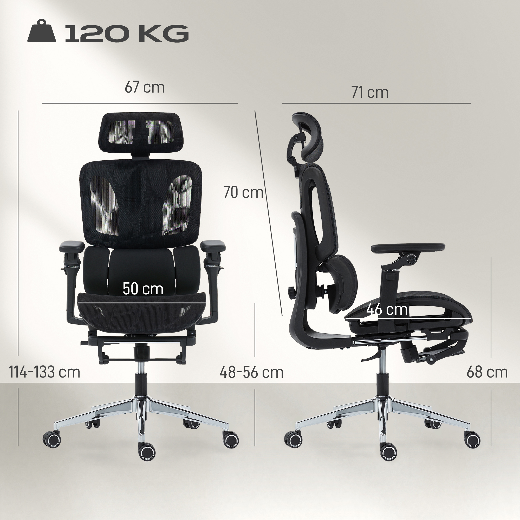 Bürostuhl Ergonomisch Schreibtischstuhl mit verstellbar Lenden- und Kopfstütze 6D-Klapparmlehnen Fußstütze Netz Schwarz