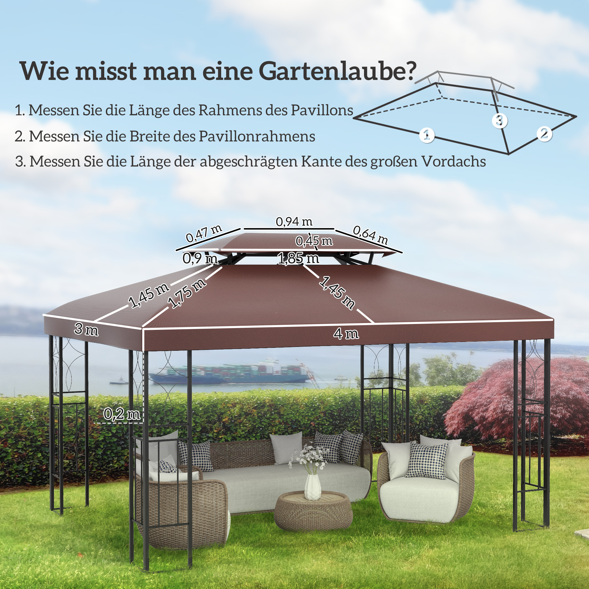 Ersatzdach für Gartenpavillons 3x4m Polyester Kaffee