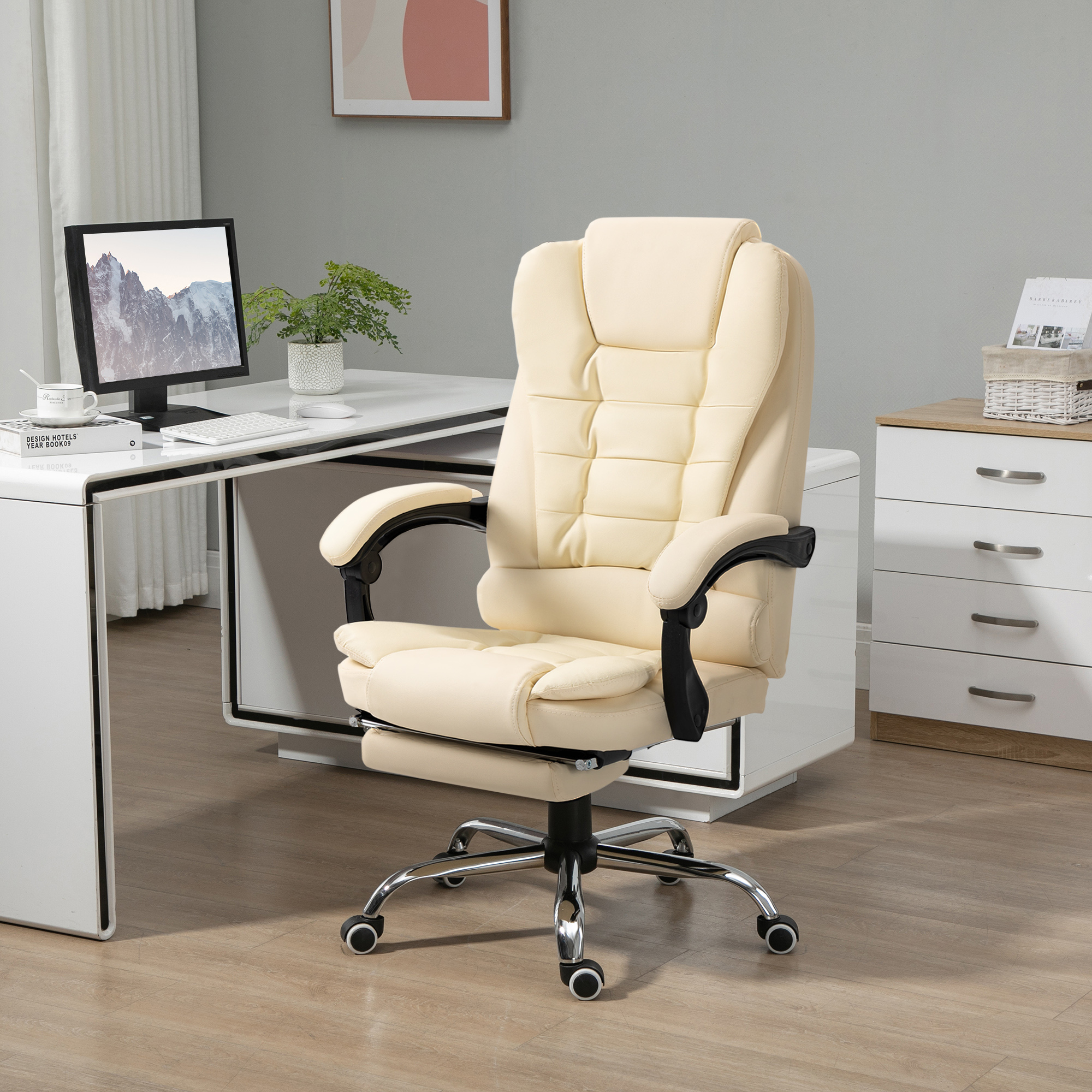 Bürostuhl mit Fußstütze, Schreibtischstuhl, verstellbare Rückenlehne, höhenverstellbar, Creme + Schwarz + Silber