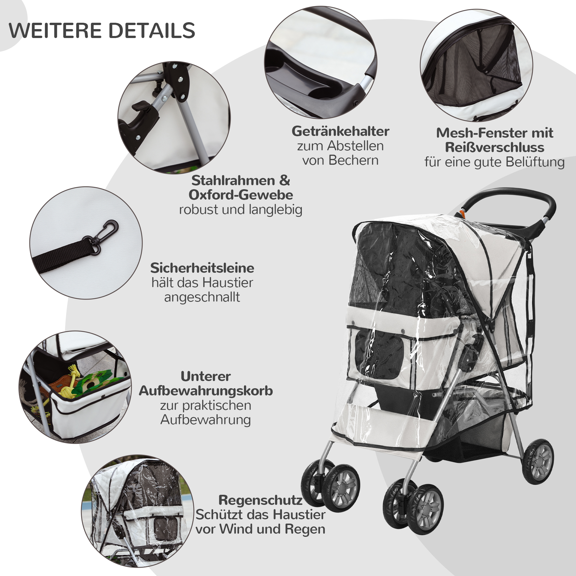 Hundebuggy Hundewagen bis 10 kg Klappbar Regenschutz Bodenkorb 2 Becherhalter 75 cm x 45 cm x 97 cm Grau