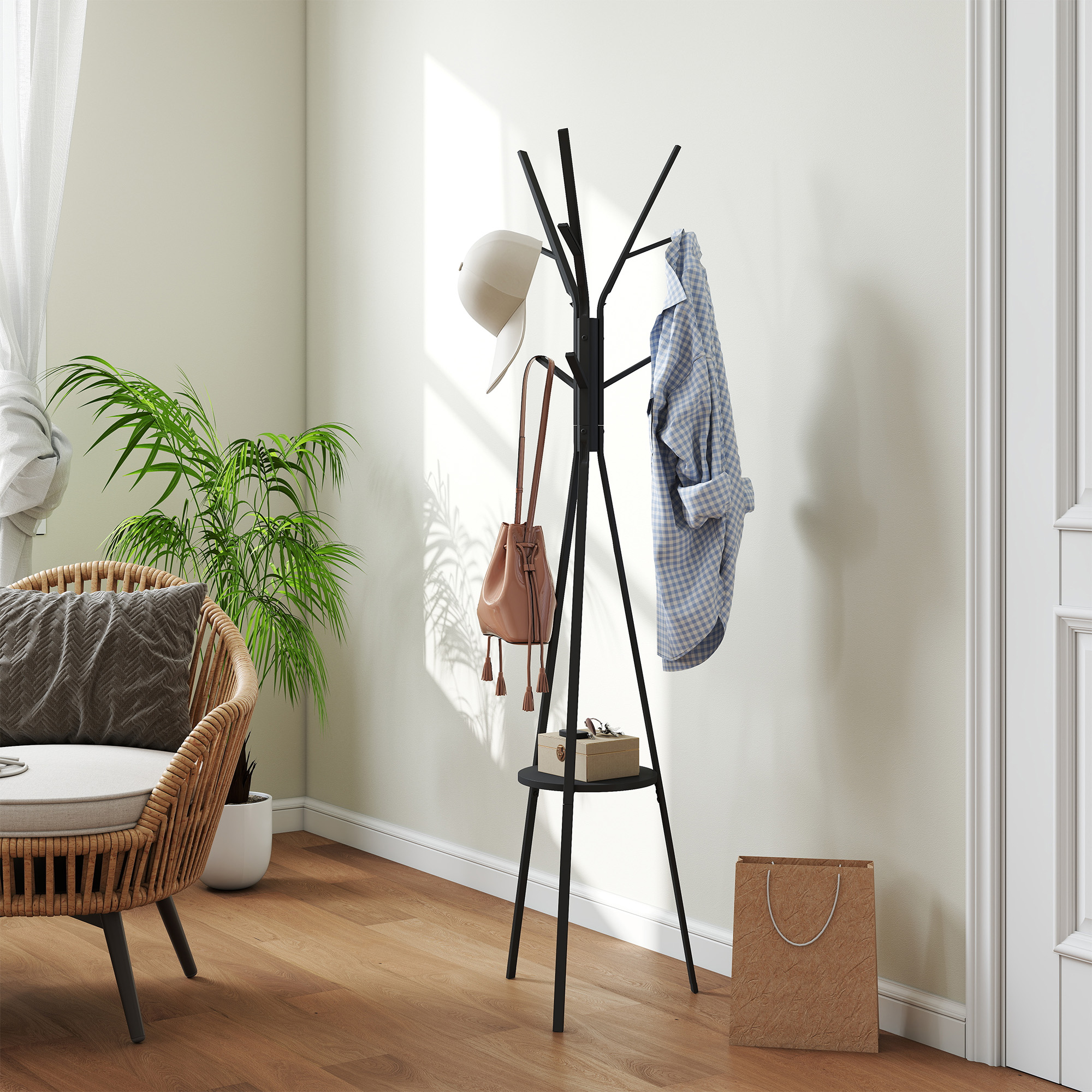 Garderobenständer Kleiderständer mit Ablage und 8 Haken Jackenständer Moderner Garderobe für Kleidung Hut Tasche, Wohnzimmer, Schwarz