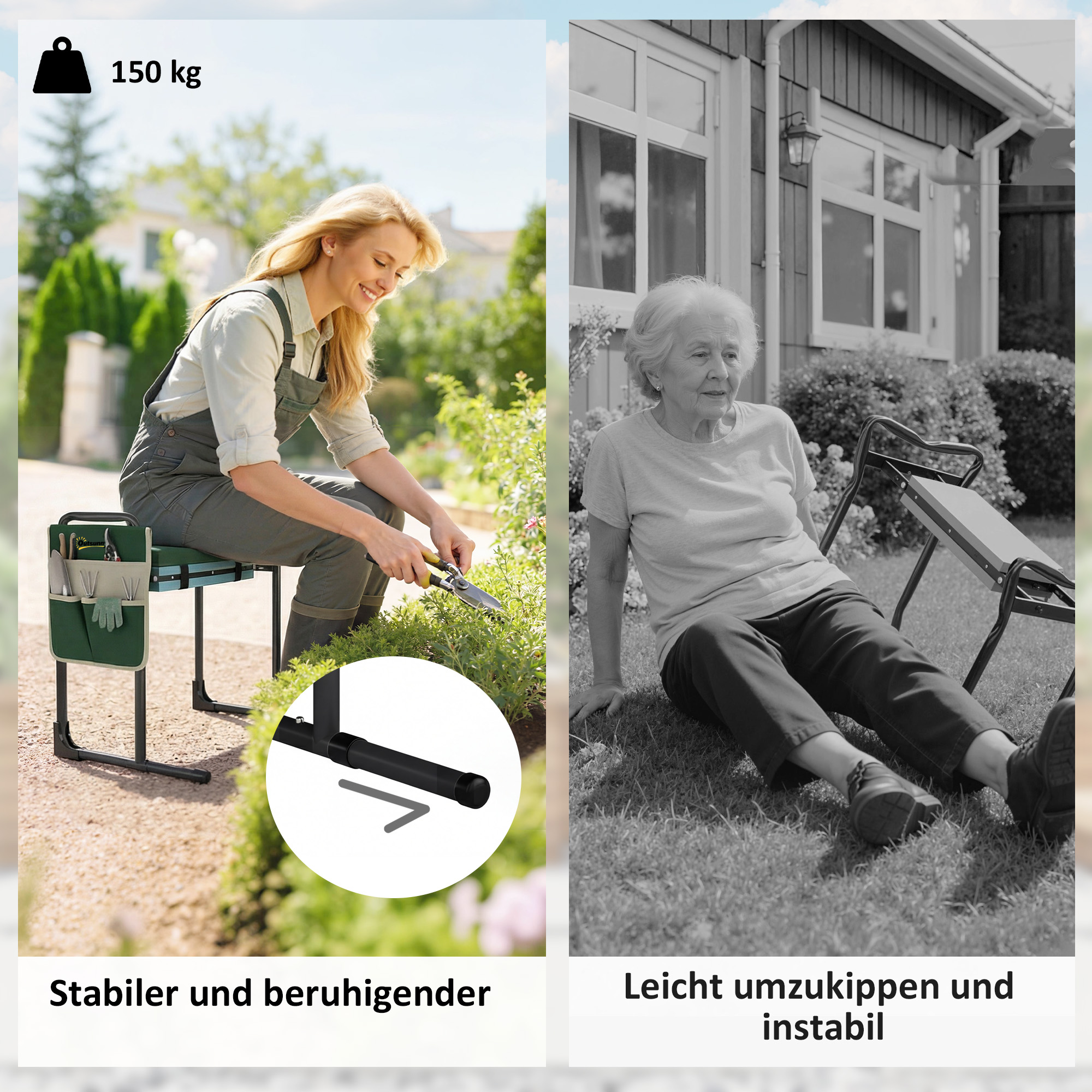 Gartenkniepolster und Sitz, 150 kg Tragkraft, Gartenhocker mit dick gepolstertem Kniebereich, ausziehbaren Stahlbeinen