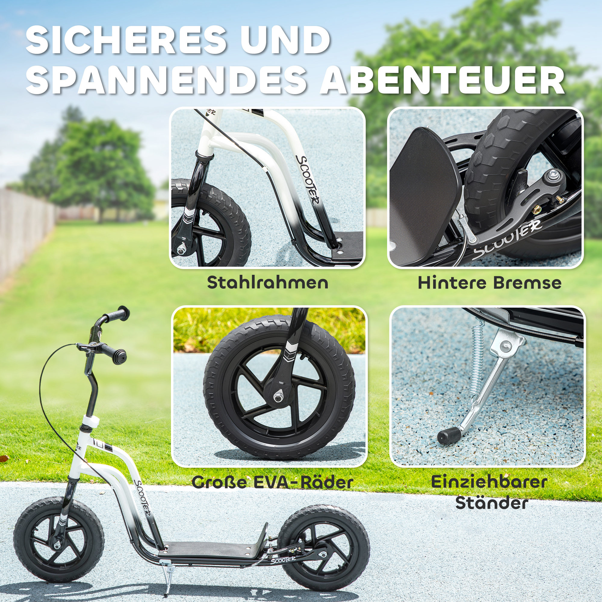 Kinderroller mit verstellbarem Lenker, große Räder, Parkständer, Handbremse, für Kinder im Alter von 5-12 Jahren, Weiß