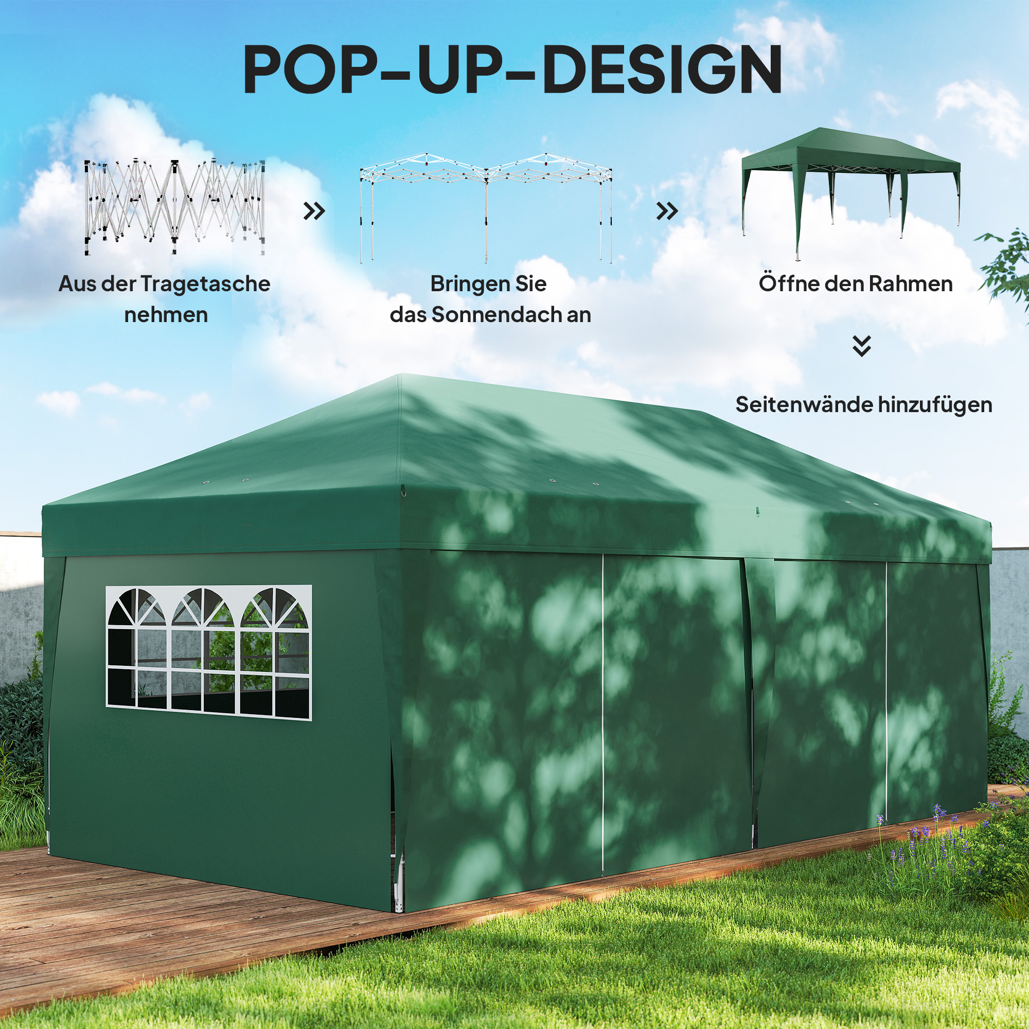 Pavillon ca. 6x3m Stabil Winterfest Pop-up Faltpavillon mit Fenster Reißverschlusstür Seitenteilen UV Schutz