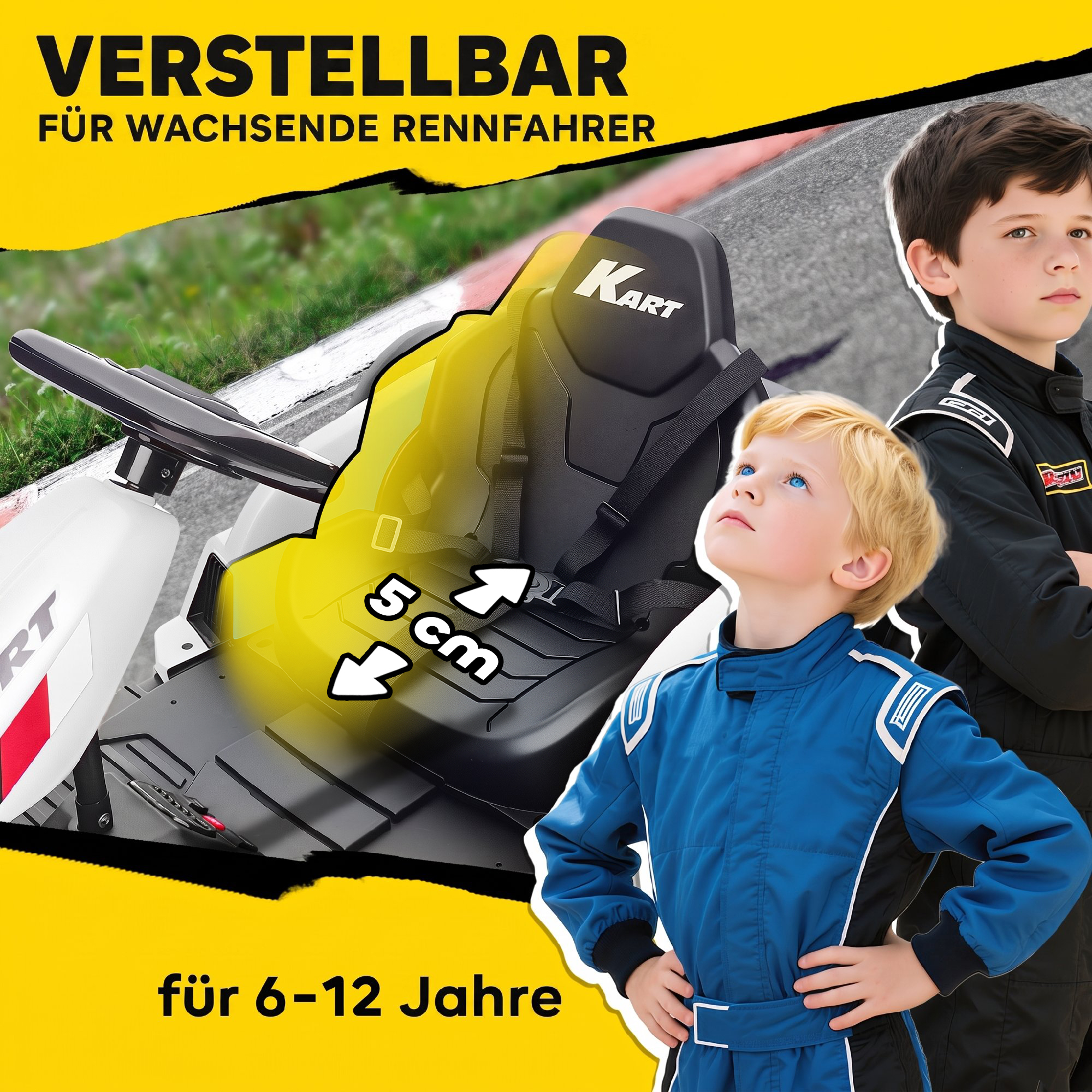 24 V Elektro Go-Kart für Kinder Bis 18 Km/h Gokart mit Drift-Funktion, Drift-Kart mit 2 Motoren verstellbar Sitz Weiß
