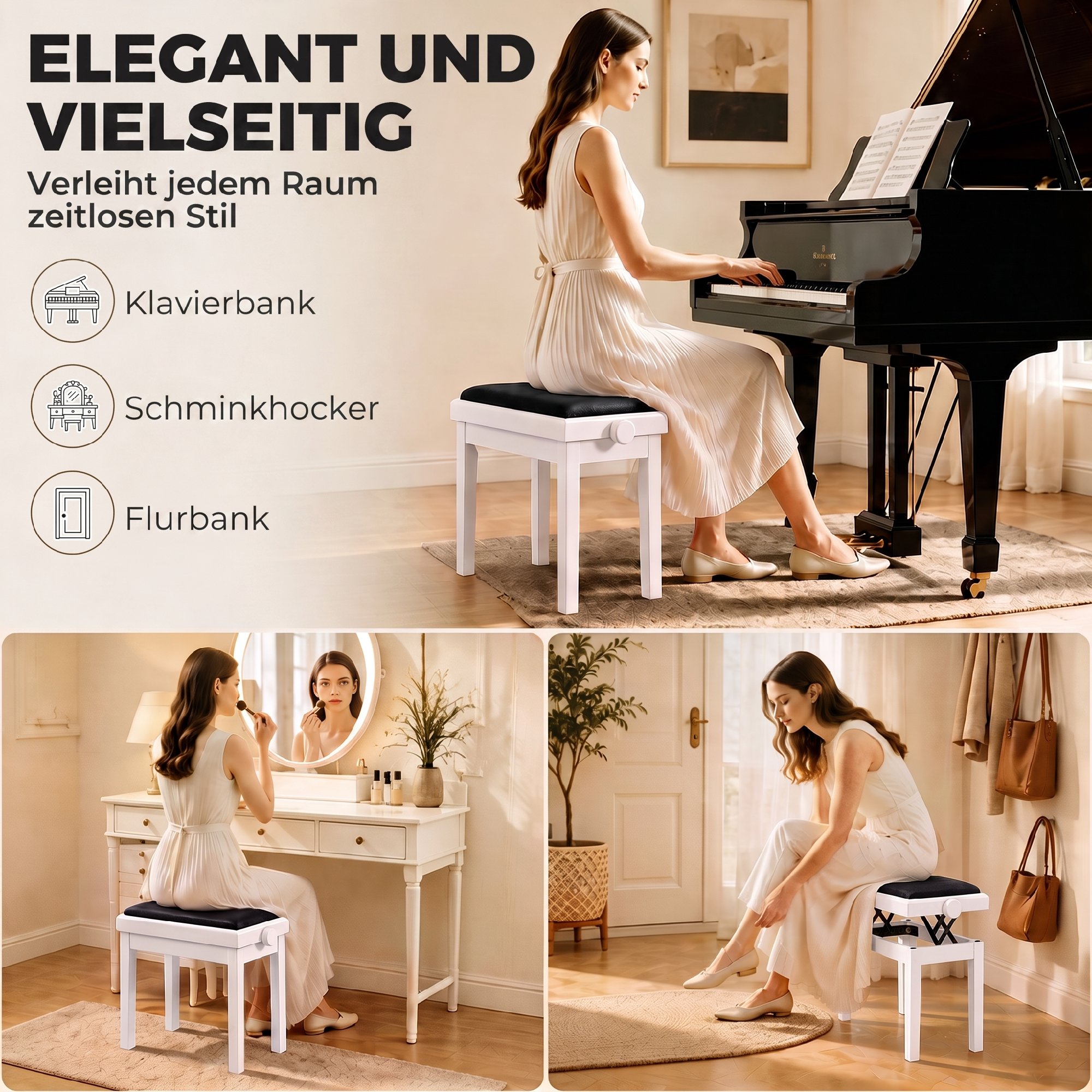 Klavierbank Höhenverstellbar Klavierhocker mit Gepolstertem Kissen, Samtoptik, Beinen aus Kautschukholz Weiß