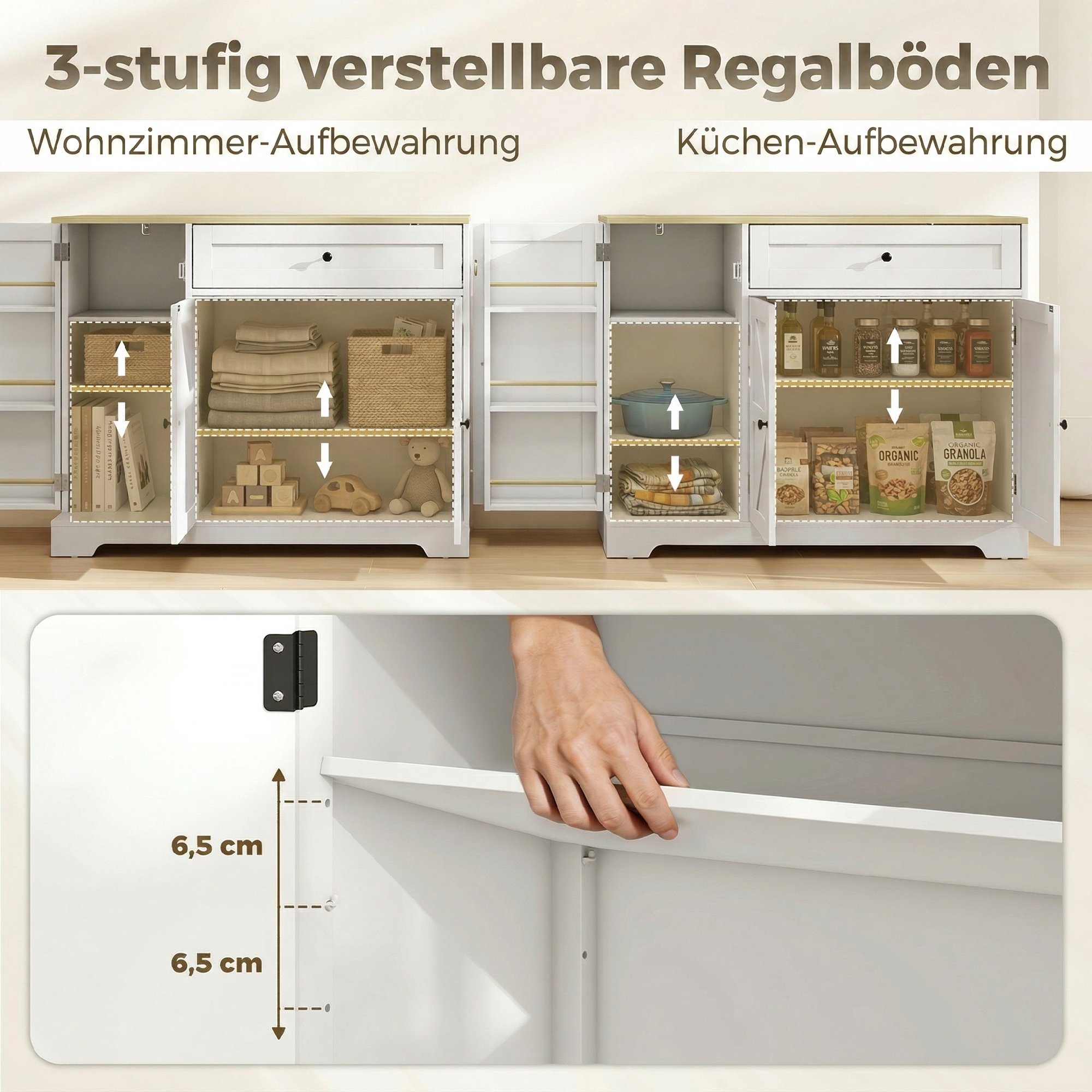 Sideboard, Landhausstil Küchenschrank mit Schiebetüren, 1 Schublade, 2 verstellbaren Einlegeböden, Türregalen