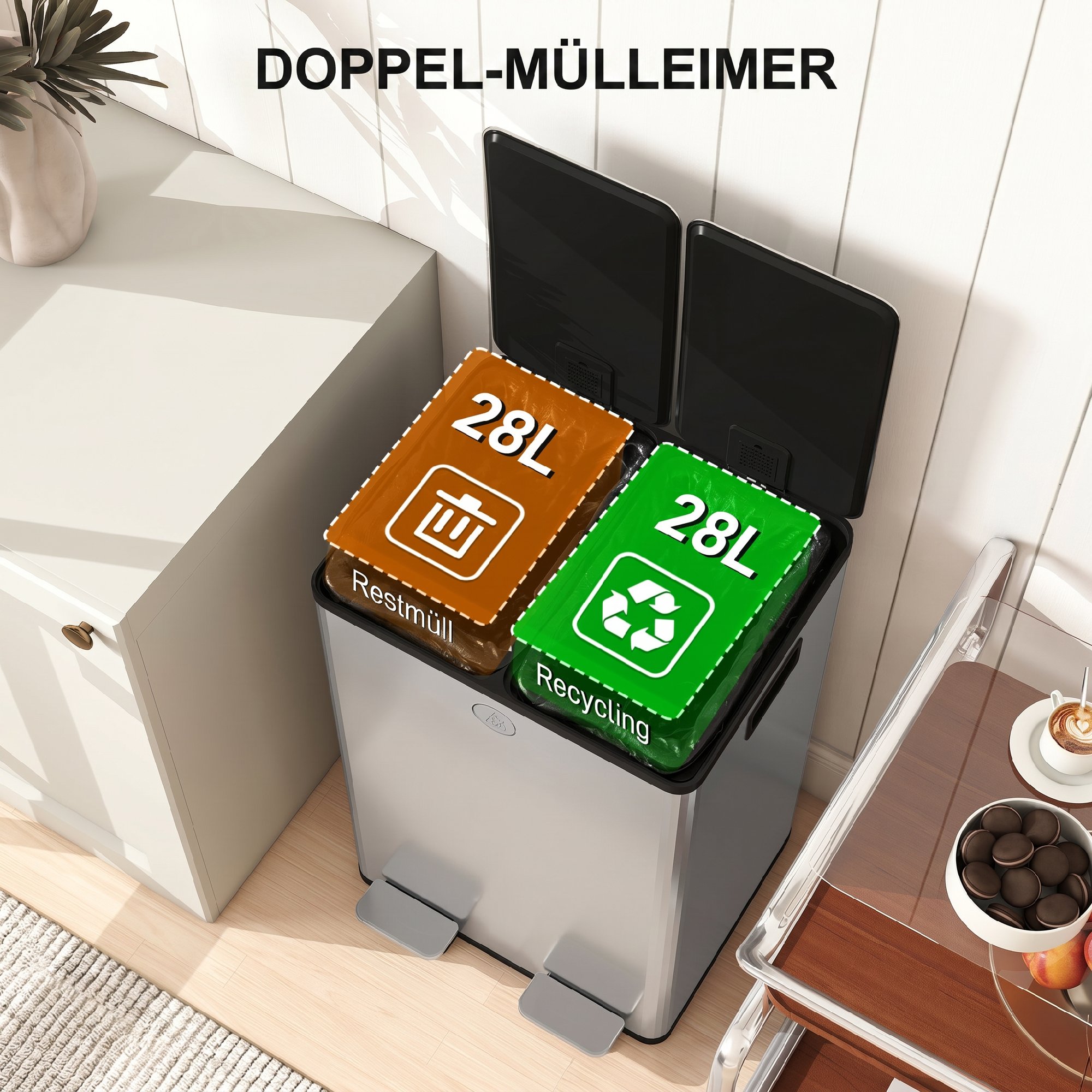 2 x 28 L Doppelmülleimer, Pedalöffnung, leicht zu reinigen, Edelstahl, Kunststoff, Silber