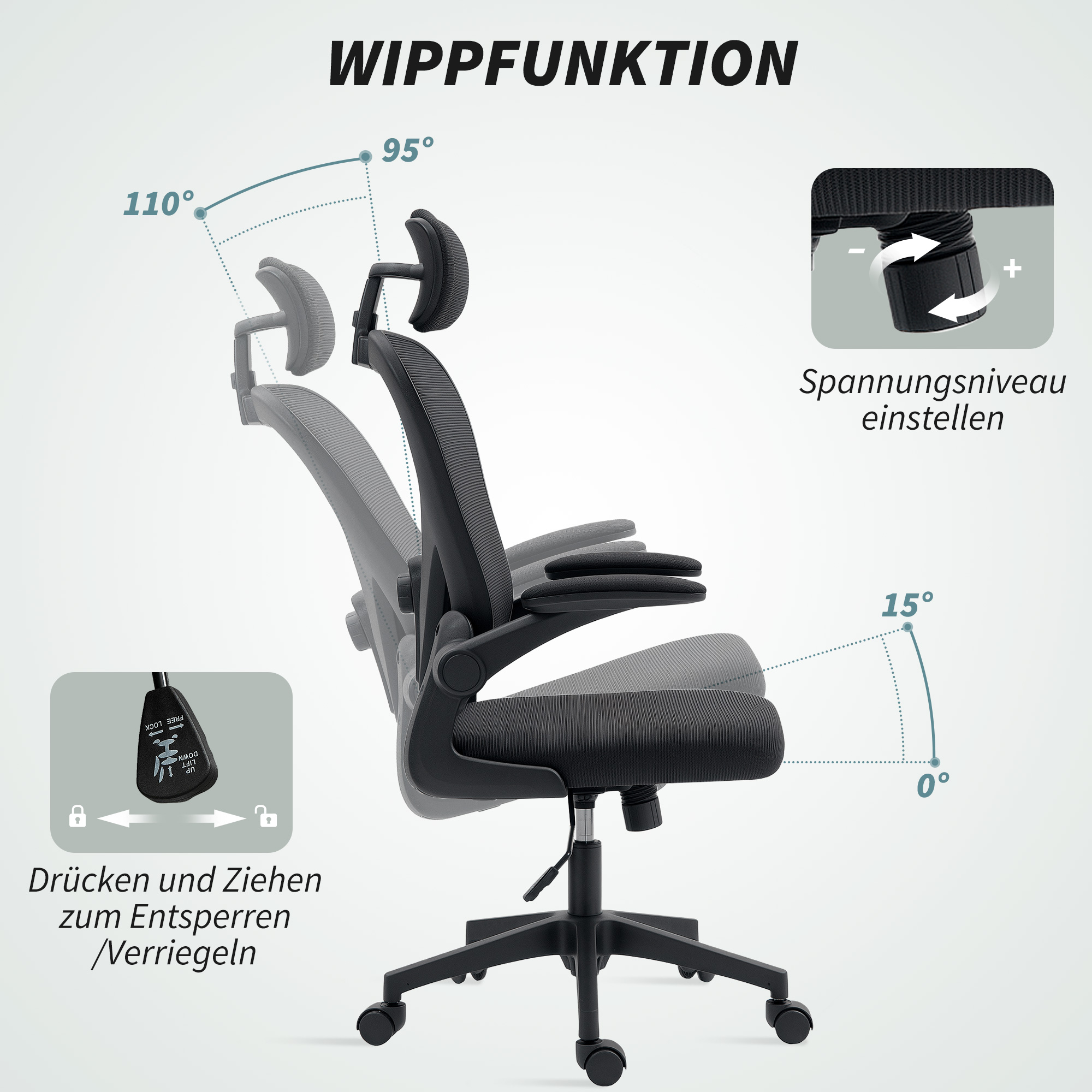 Bürostuhl Ergonomischer Schreibtischstuhl mit Hochklappbaren Armlehnen, Verstellbarer Lendenwirbelstütze Schwarz