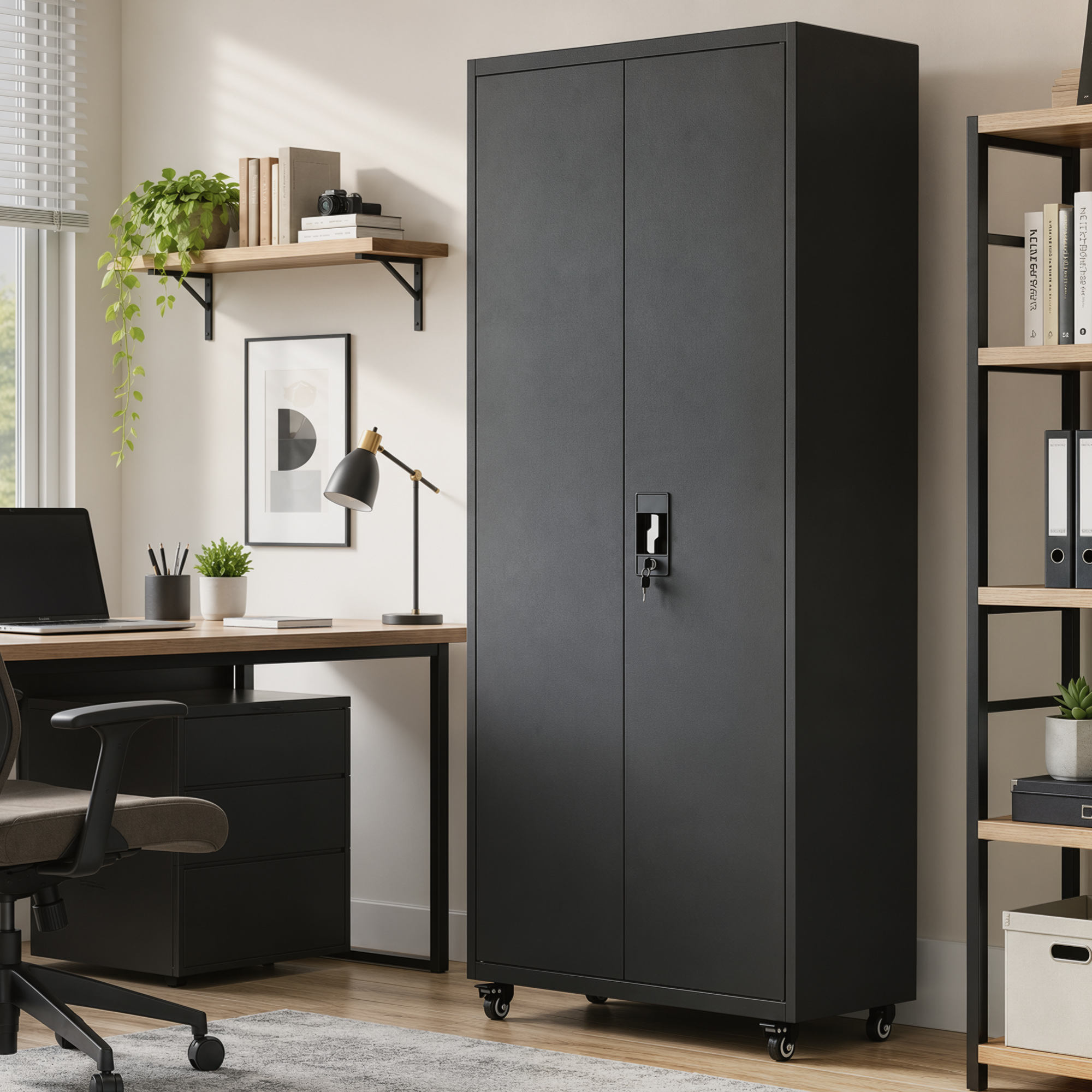 Aktenschrank, Abschließbar Metallschrank mit Rollen, 5 Verstellbaren Ablagen, aus Stahl, 80 x 40 x 180 cm Schwarz