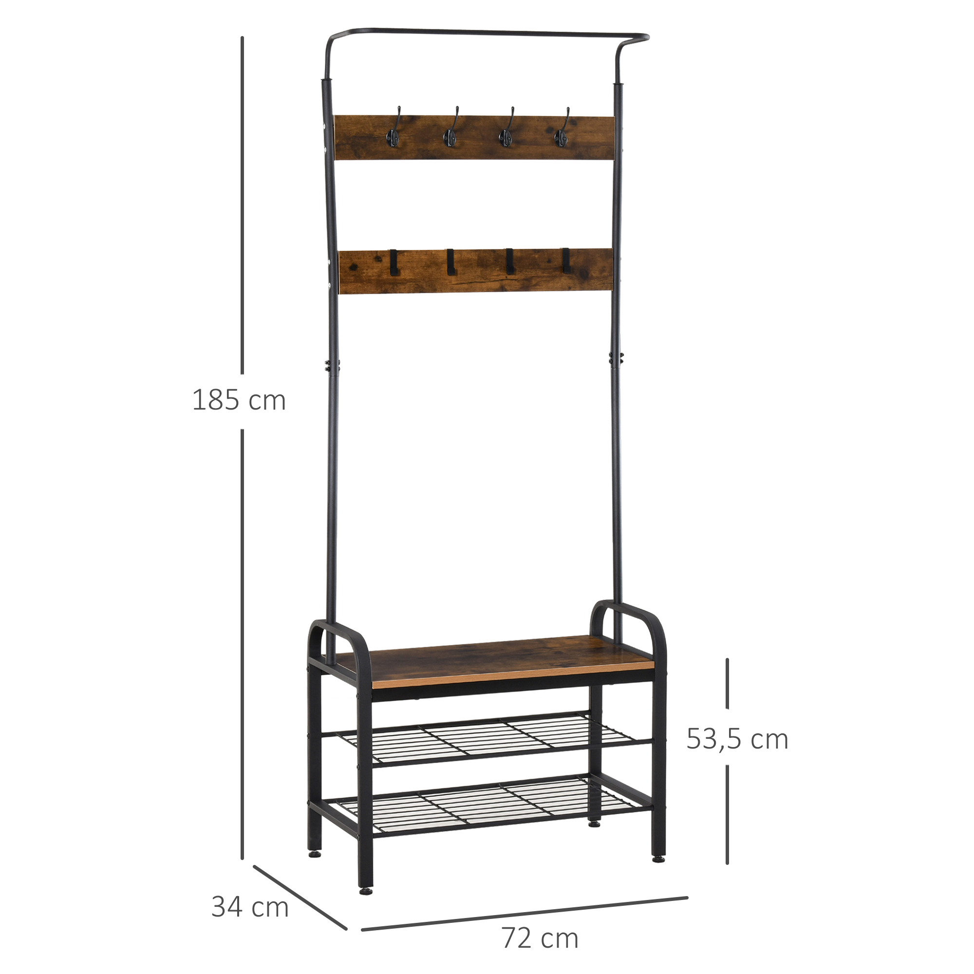 Garderobenständer Schuhregal Kleiderständer mit 8 Haken 2 Ablagen MDF Schwarz 72 x 34 x 185 cm