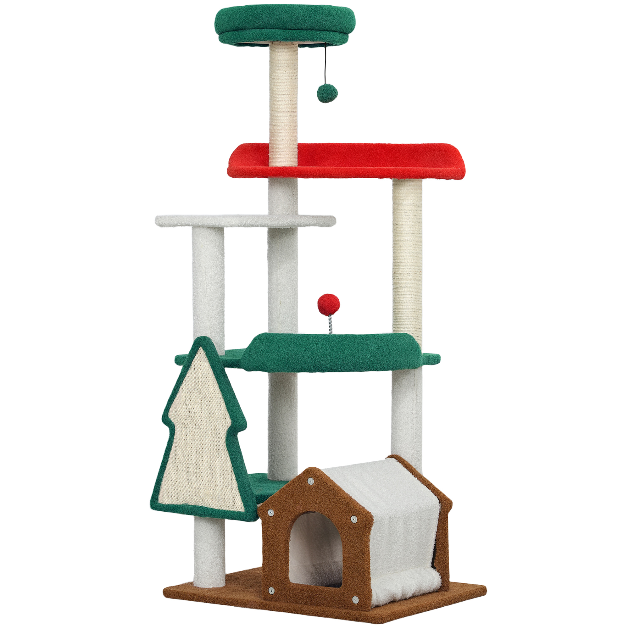 135 cm Katzenkratzbaum in Weihnachtsfarben mit Katzenbett, Katzenhaus, Kratzpfosten, Sprungplattformen, Spielzeugbällen 135 cm Katzenkratzbaum in Weihnachtsfarben mit Katzenbett, Katzenhaus, Kratzpfosten, Sprungplattformen, Spielzeugbällen